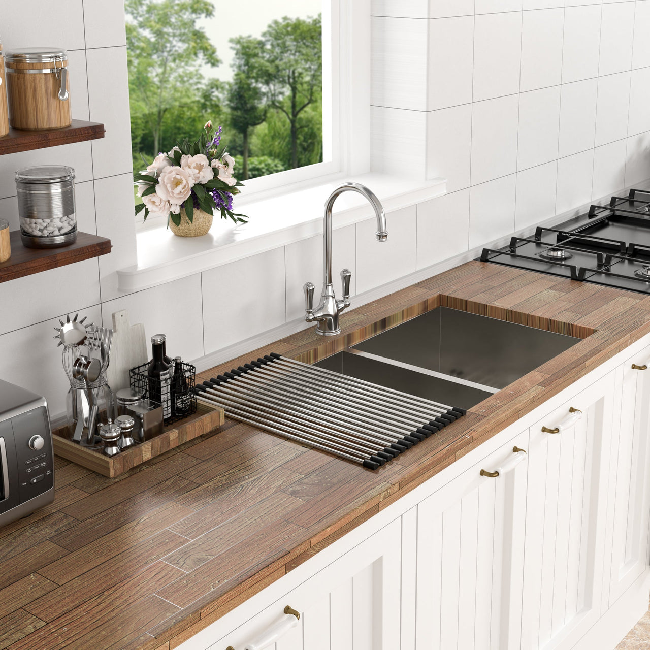 Brushed Nickel Undermount Double Bowl Kitchen Sink 33 x 19 in 16 Gauge Stainless Steel with 9 Inch Deep Basin