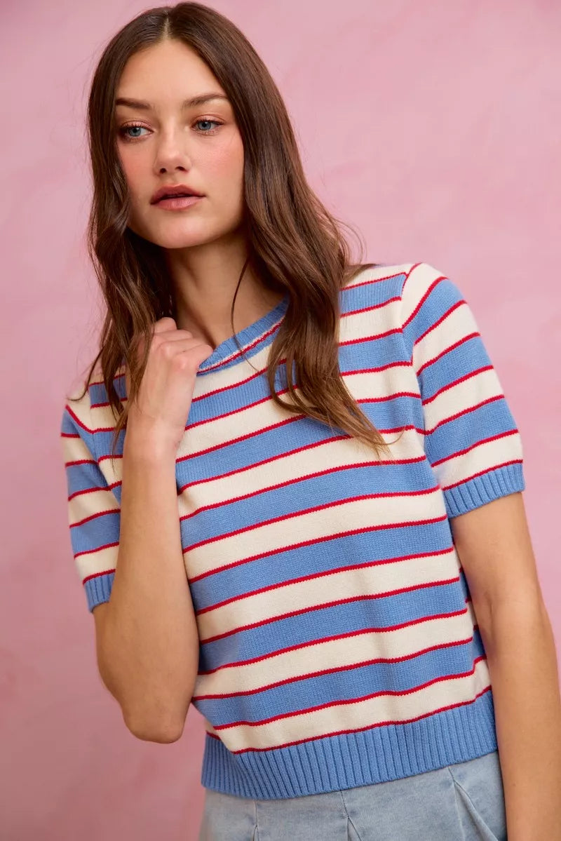 SO ME Stripe Knit Crew Neck Short Sleeves Sweater Top