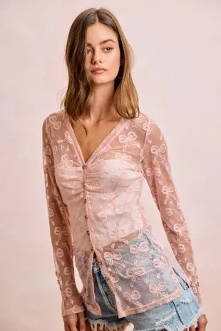 BiBi Bow Pattern Shrried V-neck Mesh Cardigan Top