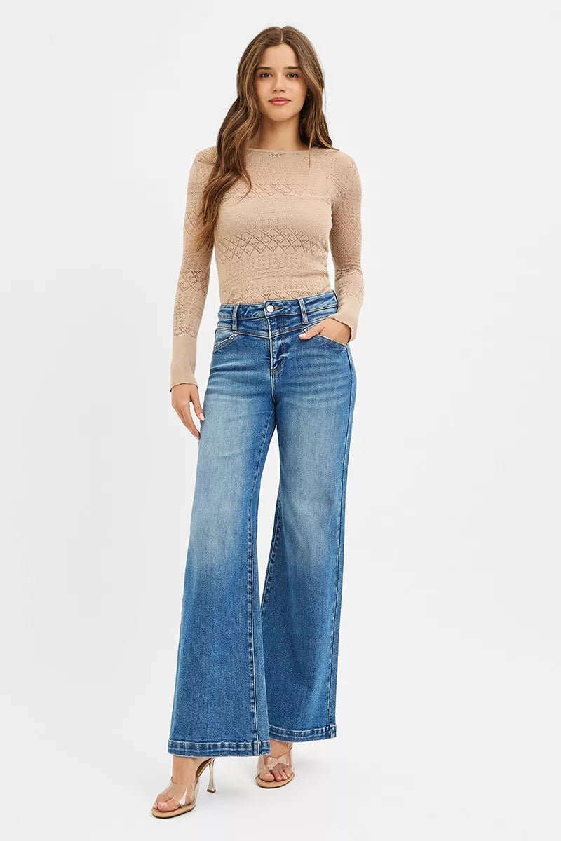 RISEN High Rise Wide Leg Jeans with Front Yoke and Heart Back Pocket