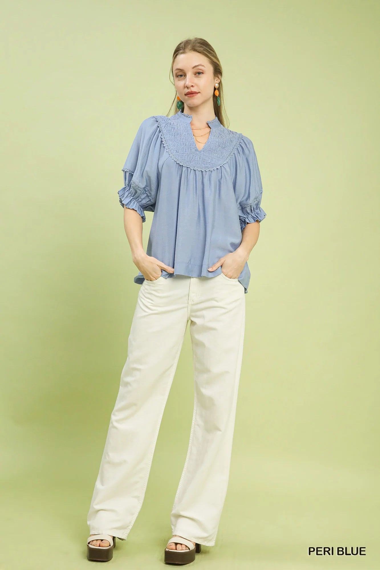 Umgee Smocked Yoke Blouse with Ruffle Sleeves