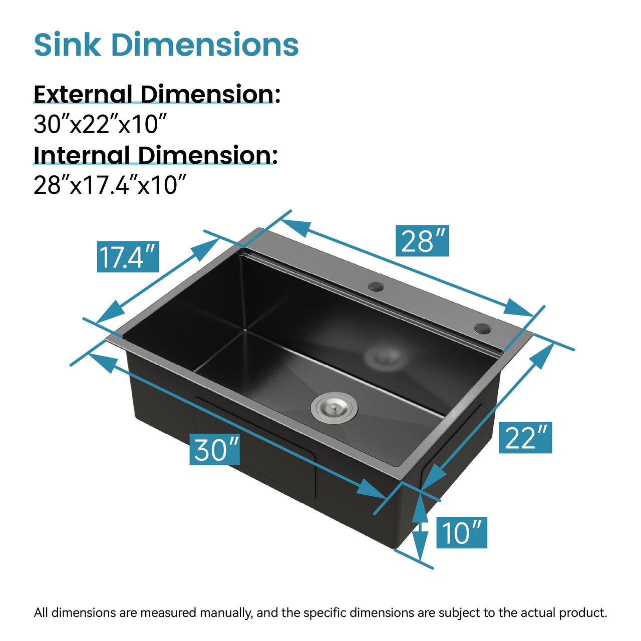 Stainless Steel Kitchen Sink, 30″x22″ Single Bowl, Overmount Handmade Sink in Black, with Cutting Board, Colander