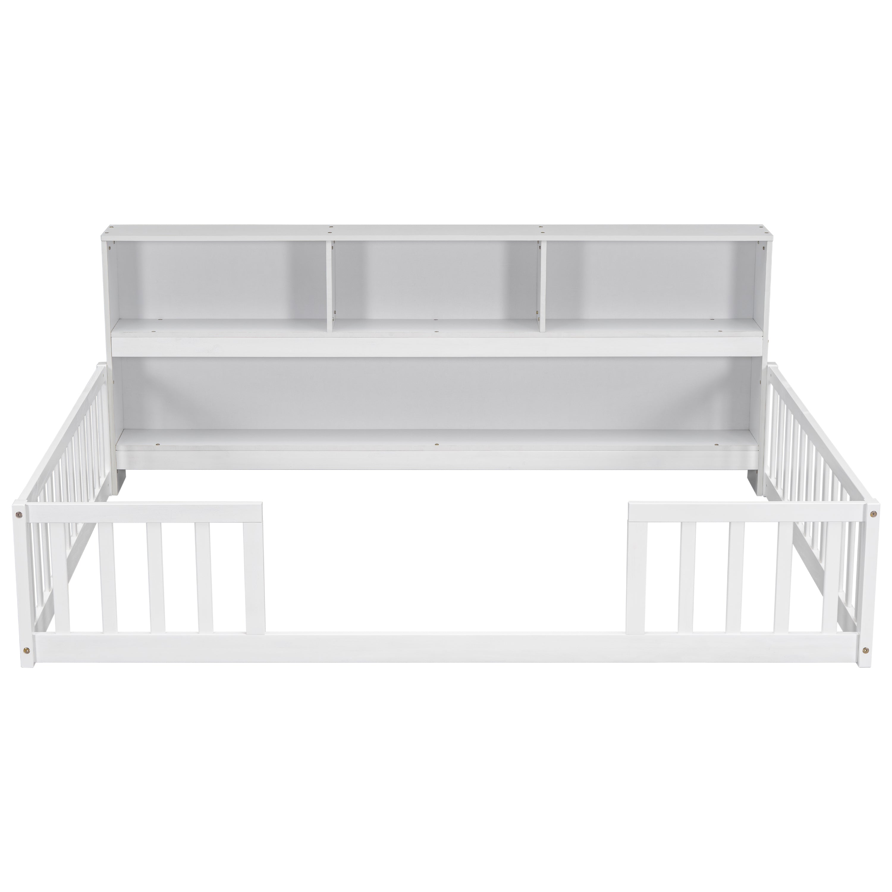 Full Floor Bed with Side Bookcase,Shelves,Guardrails,White