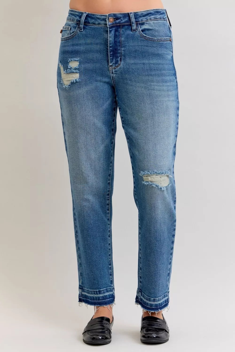Judy Blue Full Size Mid Rise Bf Patch & Repair Destroyed Release Hem Jeans Plus Size