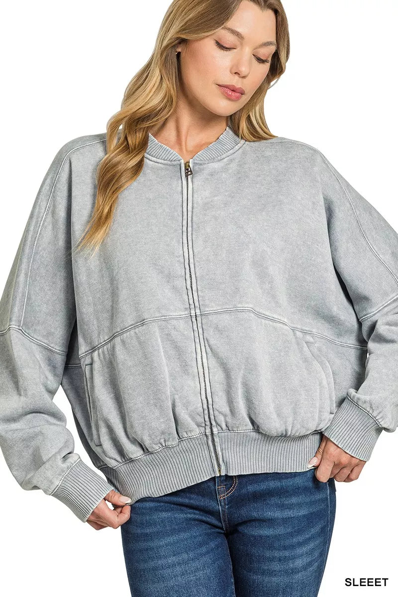 Zenana Acid Washed Fleece Jacket
