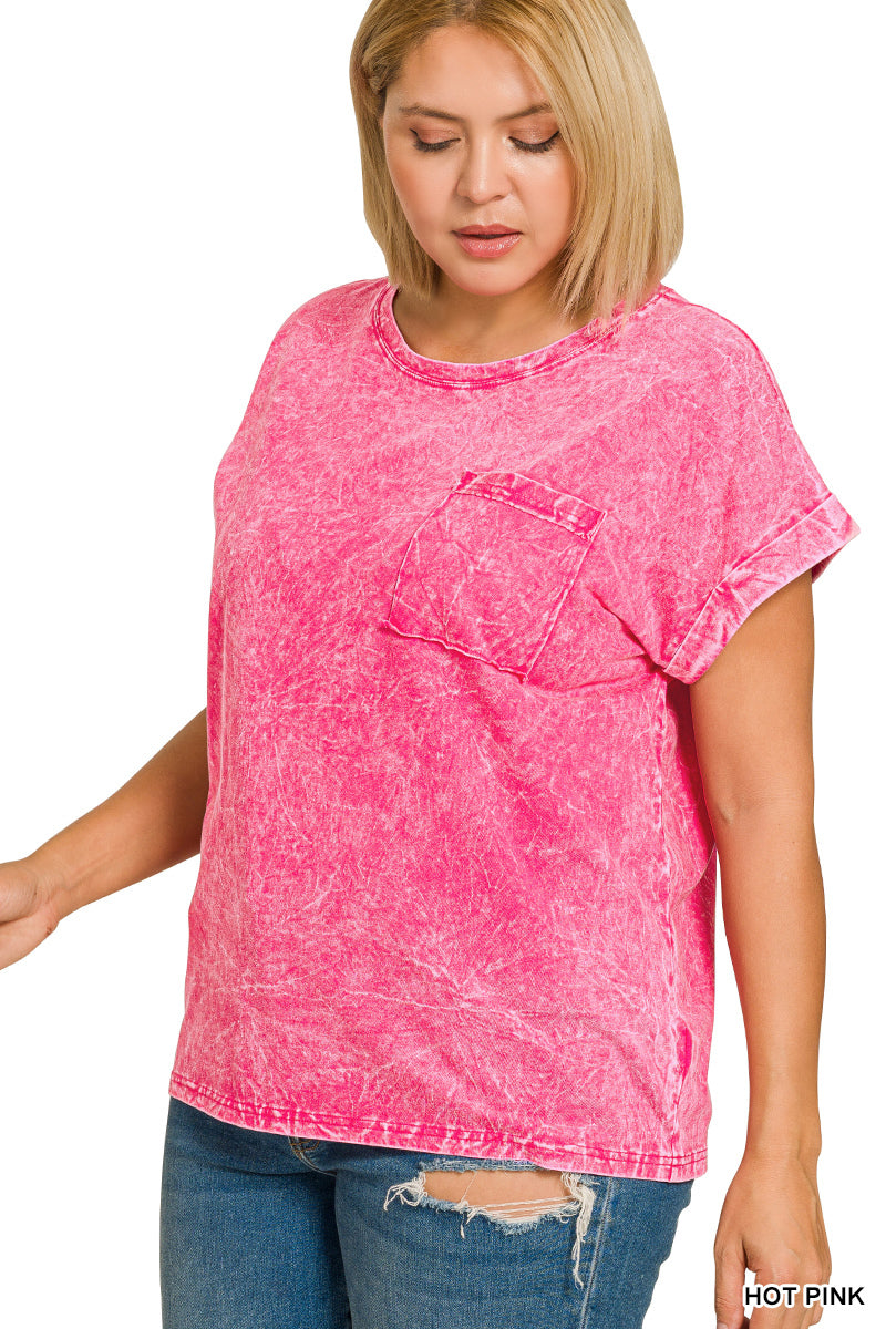Zenana Full Size Crinkle Washed Round Neck Folded Short Sleeve Tee Plus Size