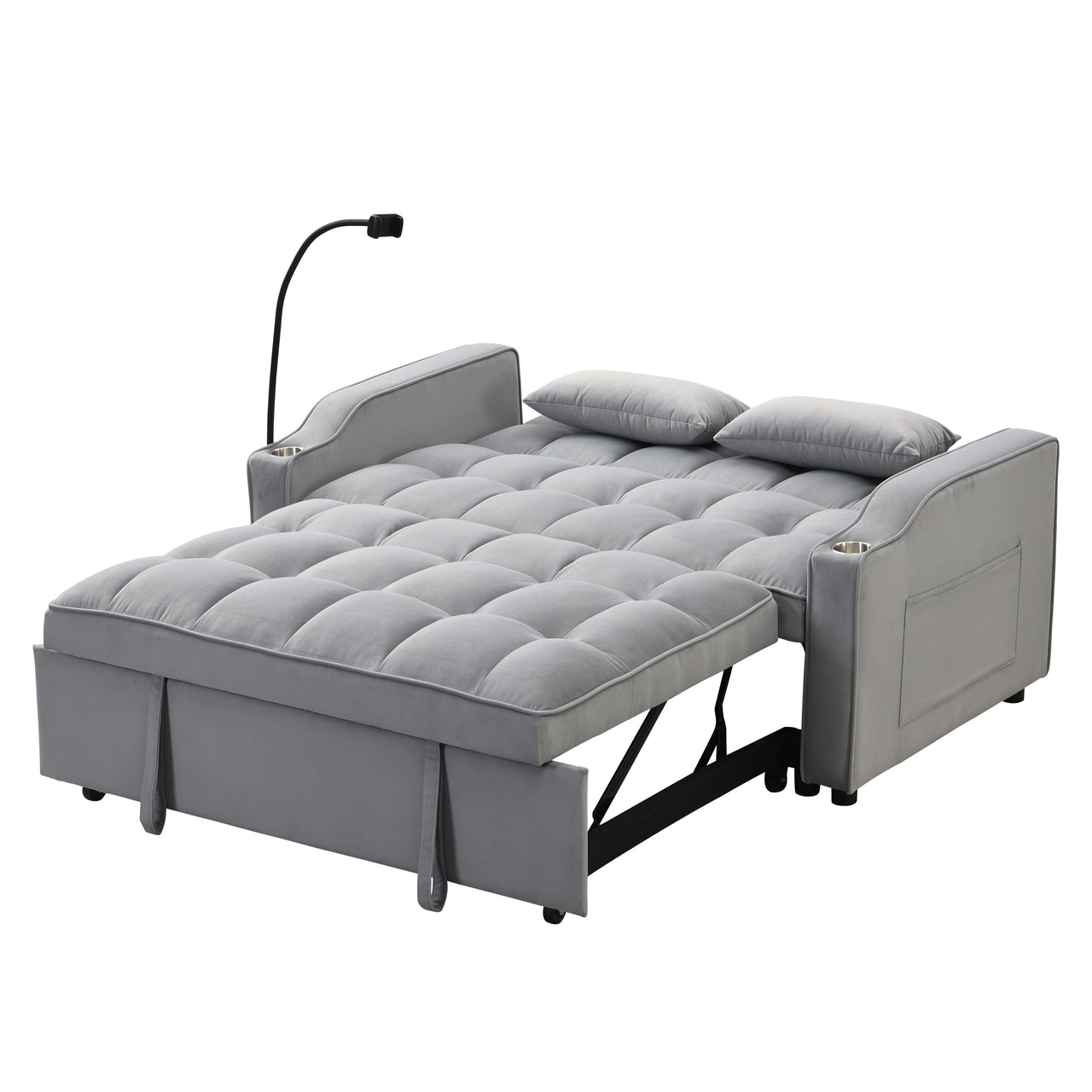 Modern Velvet Loveseat Futon Sofa Couch with Pullout Bed, Adjustable Backrest, Toss Pillows, Light Gray