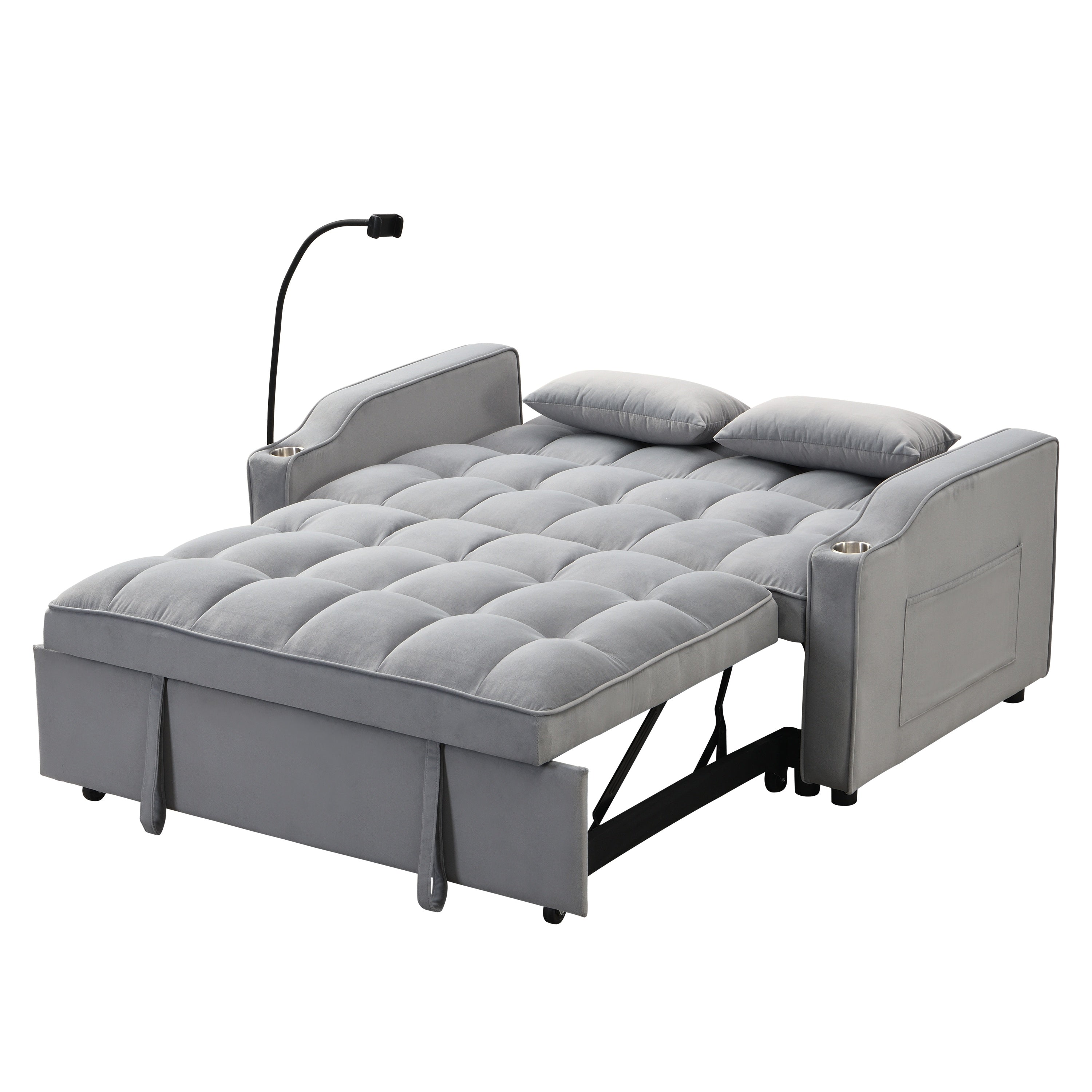 Modern Velvet Loveseat Futon Sofa Couch with Pullout Bed, Adjustable Backrest, Toss Pillows, Light Gray