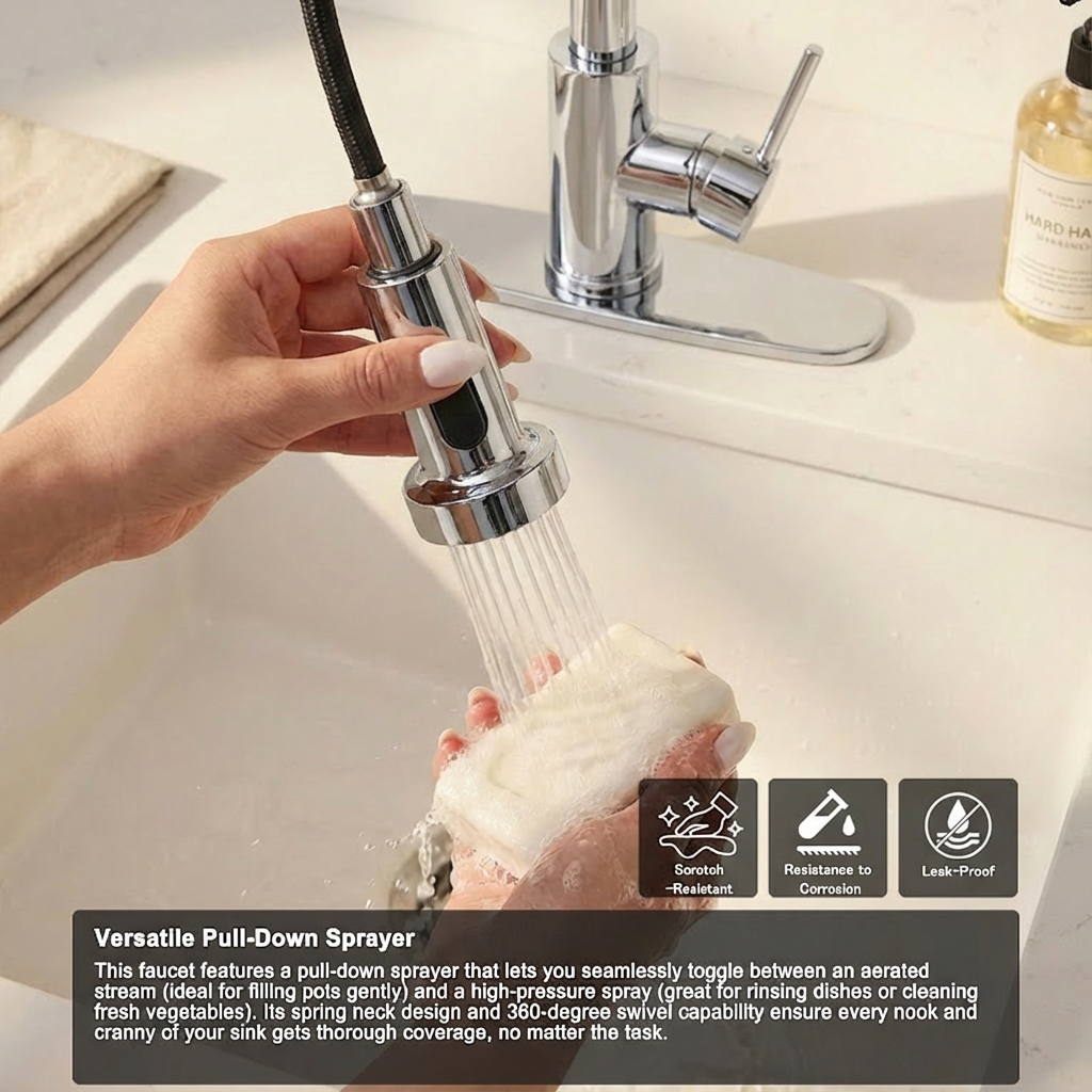 Kitchen Faucet with Pull Down Sprayer Industrial 1 Handle 1 Hole Or 3 Hole Faucet for Farmhouse Camper Laundry Utility Rv Wet Bar Sinks, Stainless Steel, Chrome