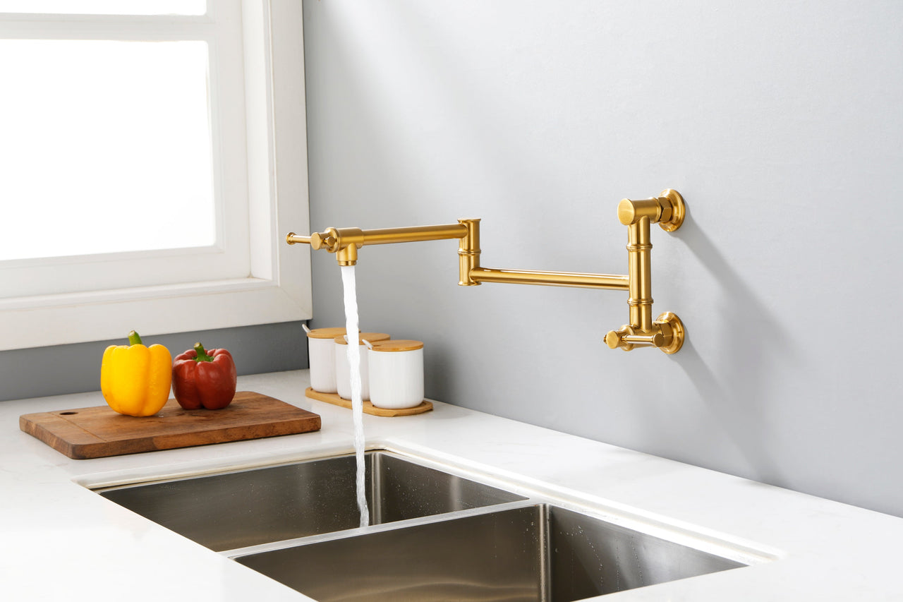Wall mounted Pot Filler Faucet, Modern Brass Pot Filler Two-Attachment Wall Mount Folding Kitchen Pot Filler Swing Arm