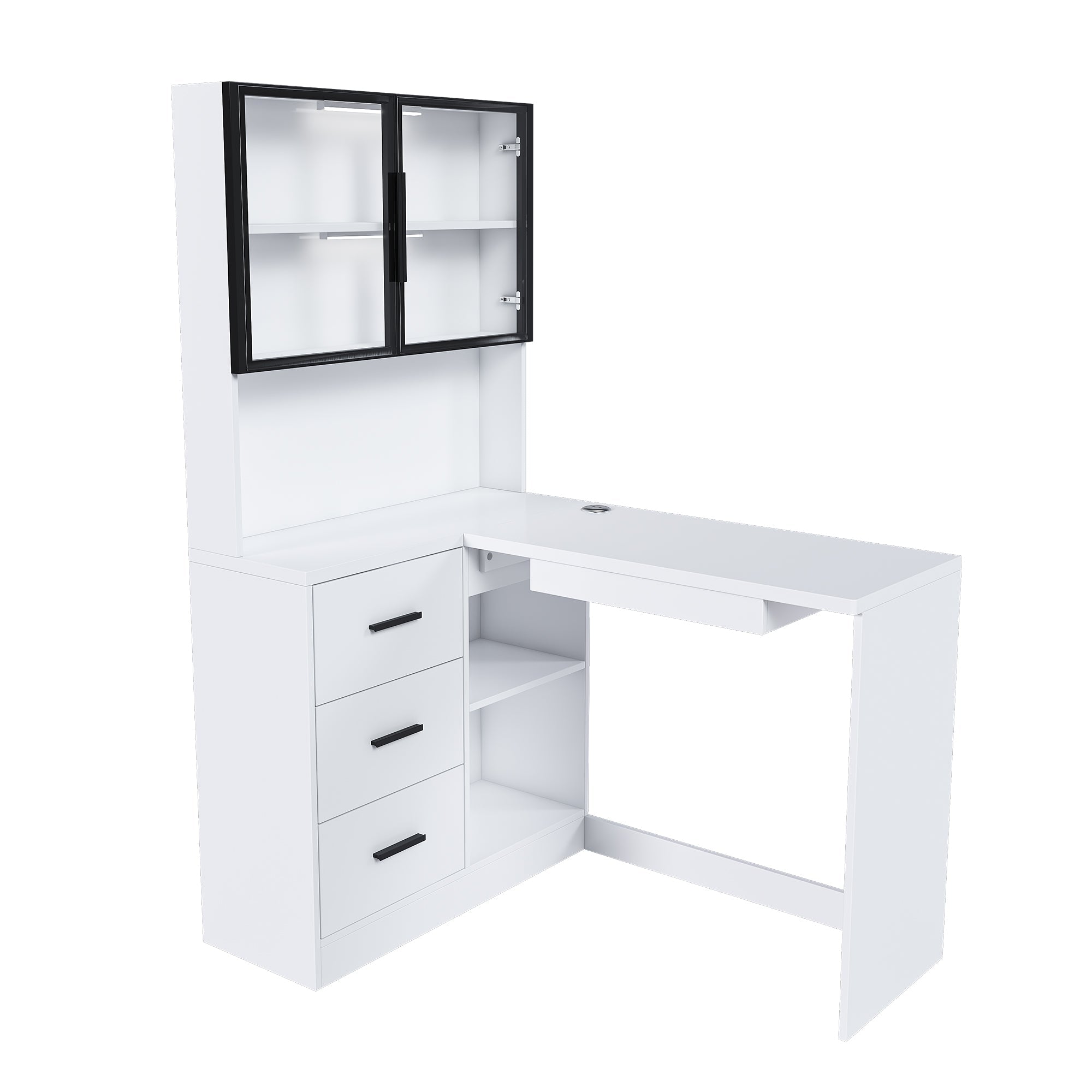 White L-Shaped Computer Desk with Glass Cabinets, Built-In LED Lights, USB Charging Ports, and Keyboard Tray - Ergonomic Office Furniture for Home and Corporate Workspaces