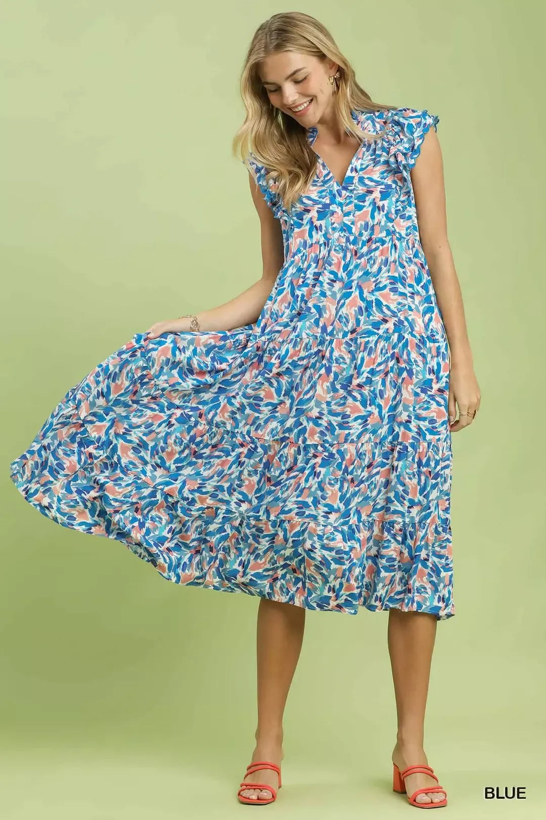 Umgee Leaf Print Midi Tiered Dress with Side Pockets