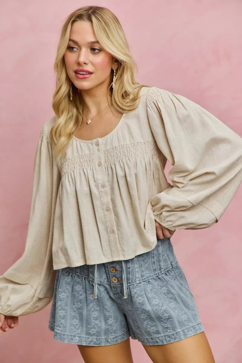 SO ME Linen Blend Woven Long Sleeve With Smocking Top