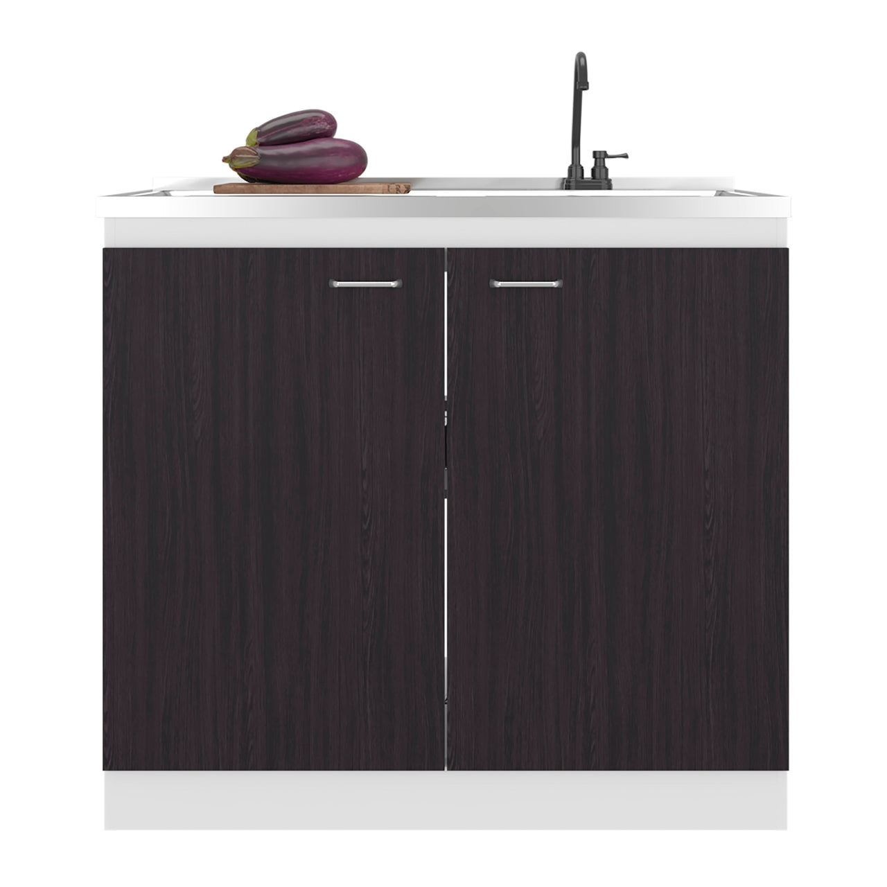 Salento Freestanding Sink, Double Door Cabinet, Two Shelves, White / Black Wengue