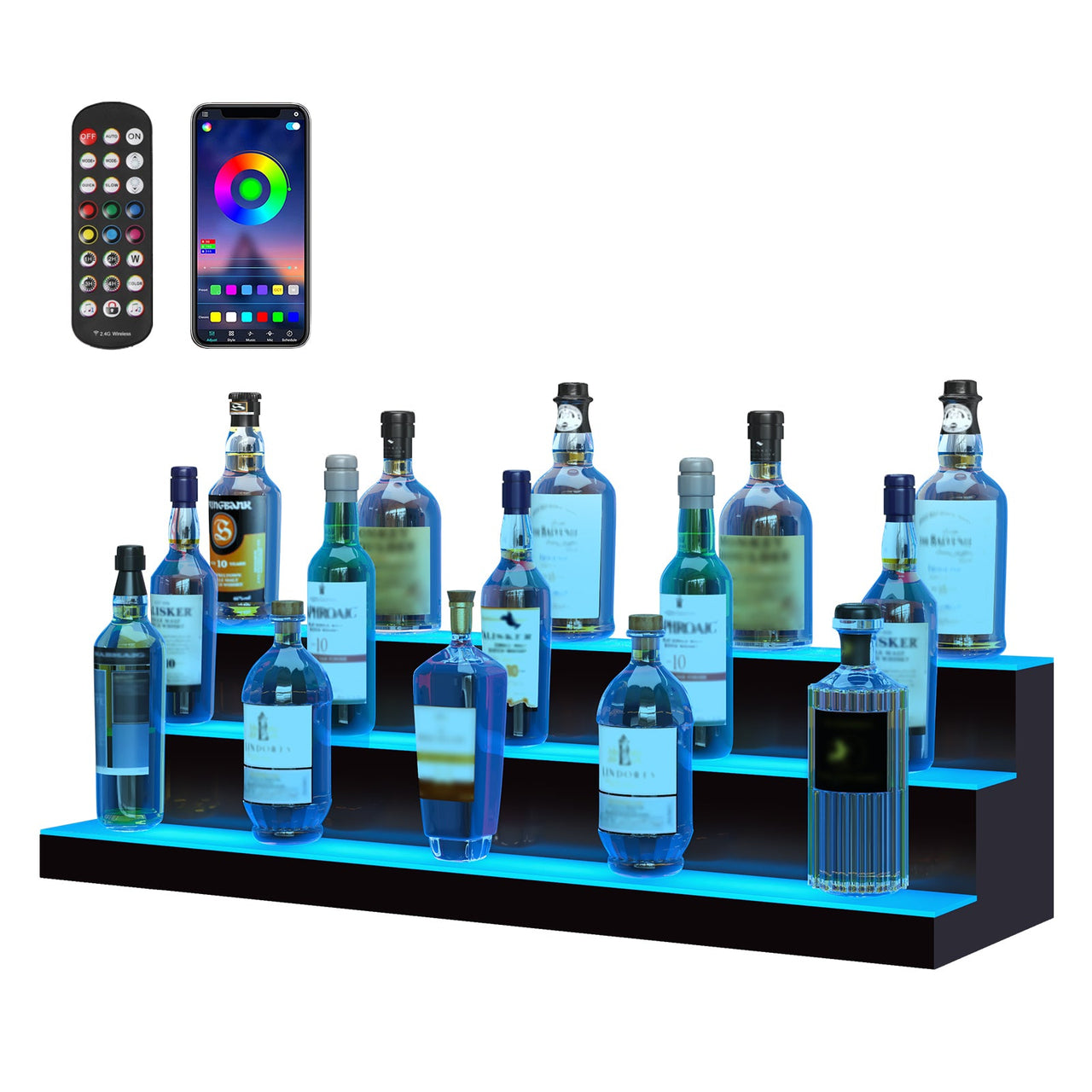 LED Lighted Liquor Bottle Display, 3 Tiers 40 Inches, Illuminated Home Bar Shelf with RF Remote & App Control 7 Static Colors 1-4 H Timing, Acrylic Drinks Lighting Shelf for Holding 30 Bottles