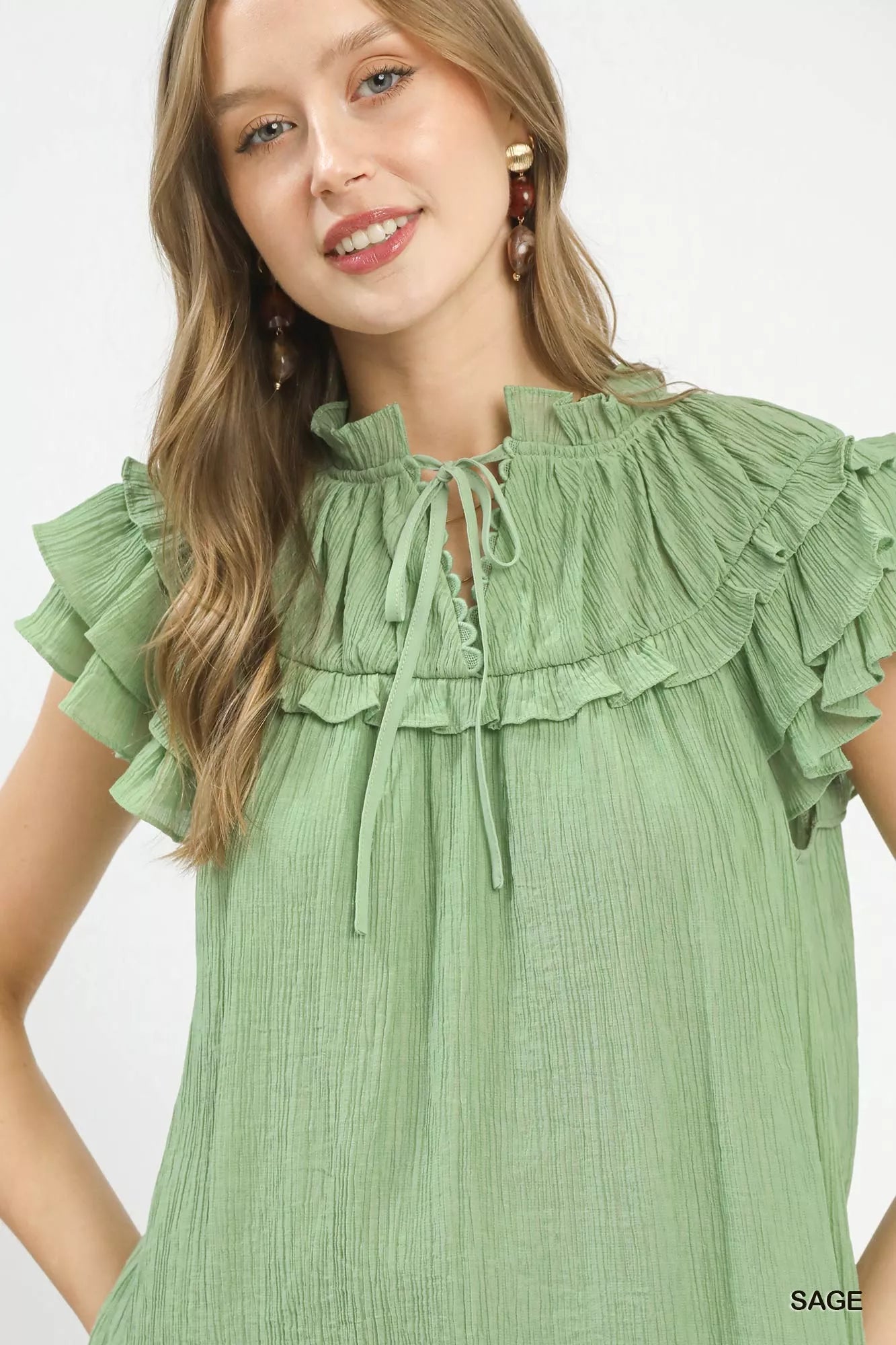 Umgee Ruffled Flutter Sleeve Textured Blouse