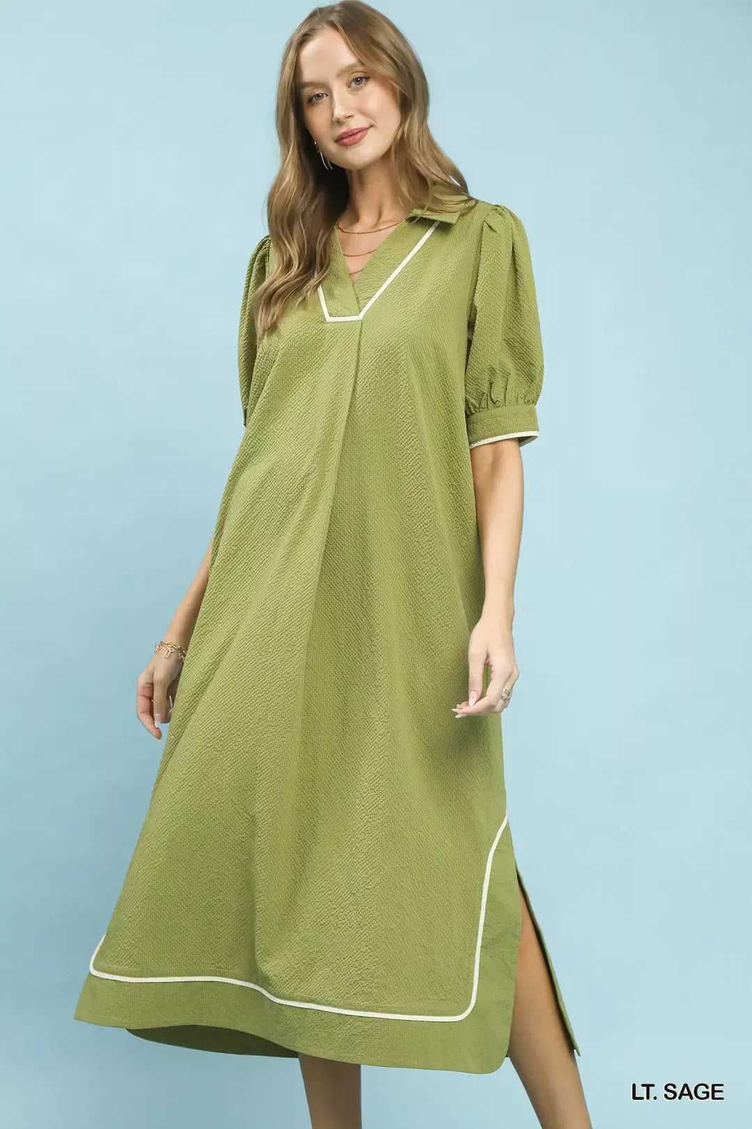 Umgee Seersucker Midi Dress with Contrast Trim