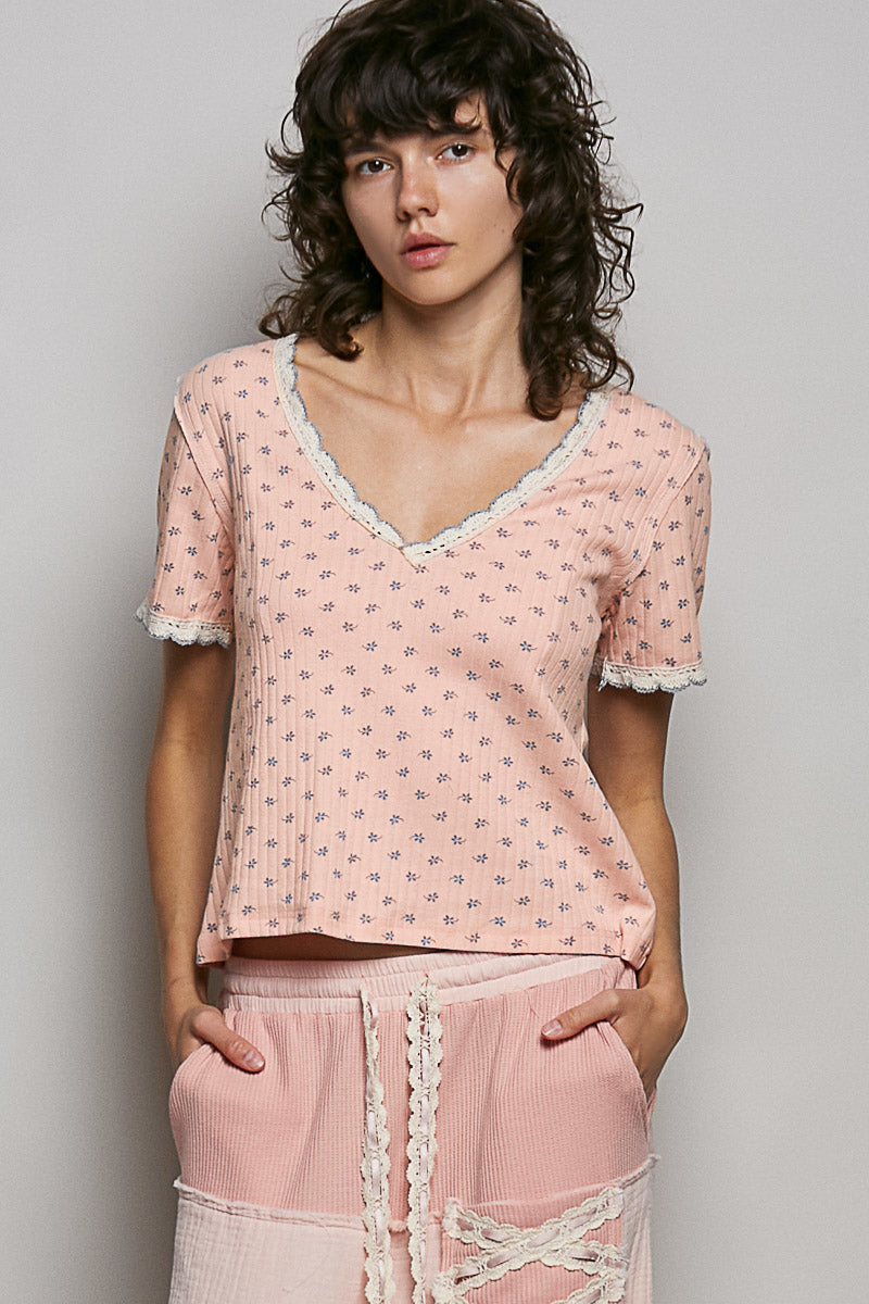 POL Floral V-Neck Short Sleeve Rib T-Shirt