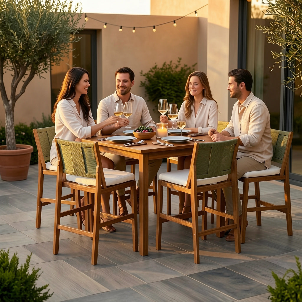 4 Pieces Arly Green Outdoor Bar Stool Solid Acacia Wood and Woven Wicker