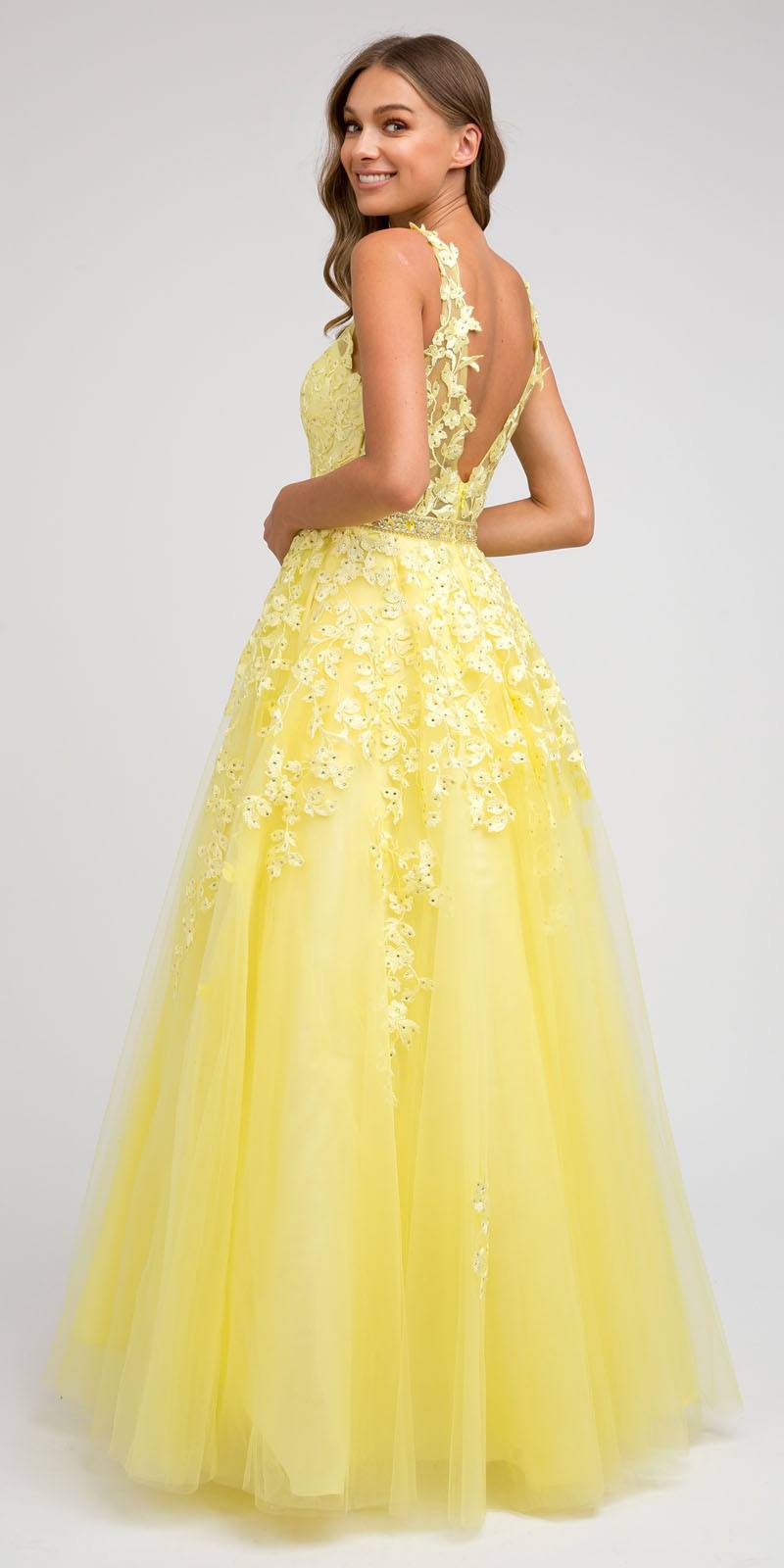 Juliet 224 V-Neck and Back Embroidered Tulle A-Line Ball Gown