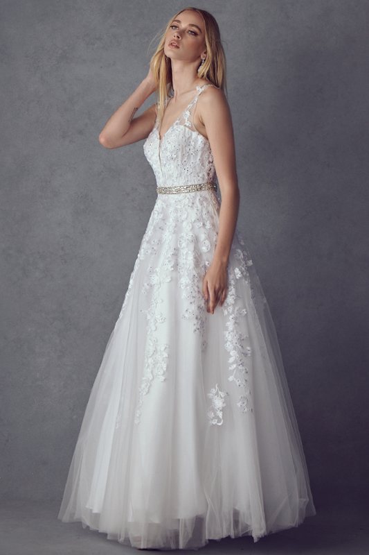 Juliet 224 V-Neck and Back Embroidered Tulle A-Line Ball Gown