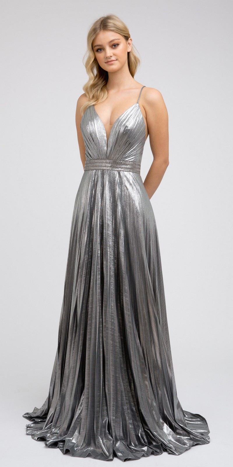 Juliet 226 Metallic Pleated Long Dress A-Line Lace-Up Back