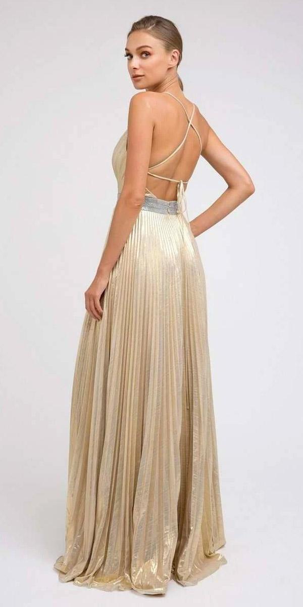 Juliet 226 Metallic Pleated Long Dress A-Line Lace-Up Back