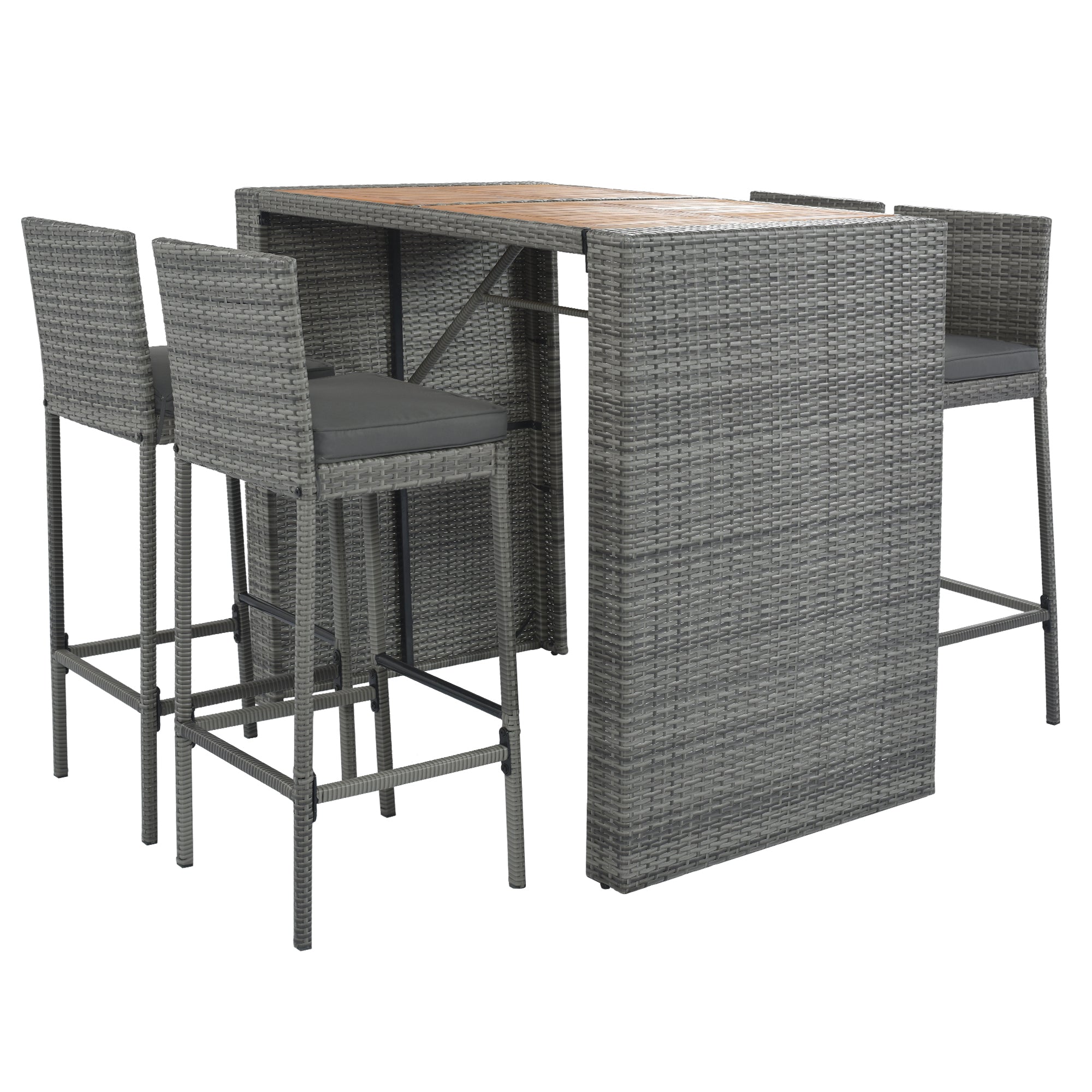 5-piece Outdoor Patio Wicker Bar Set, Bar Height Chairs With Non-Slip Feet And Fixed Rope, Removable Cushion, Acacia Wood Table Top, Brown Wood And Gray Wicker