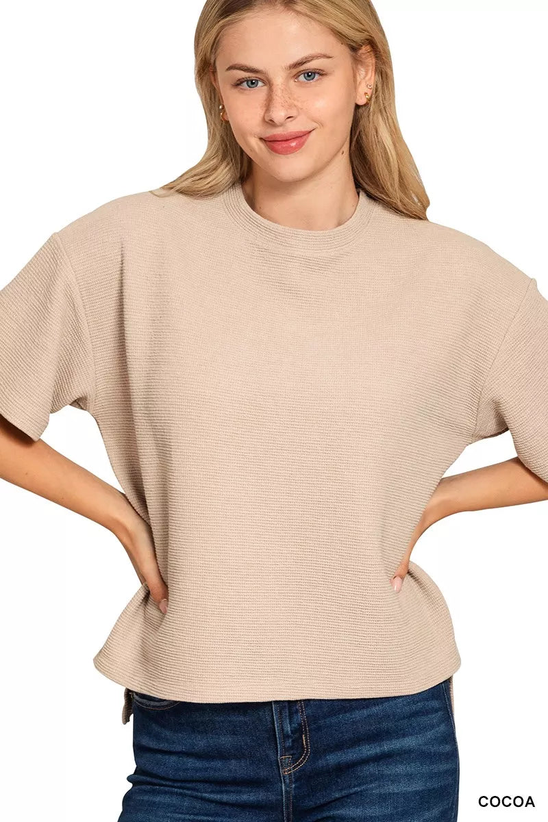 Zenana Full Size Double Knit Side Slits Hi Low Short Sleeve Top Plus Size