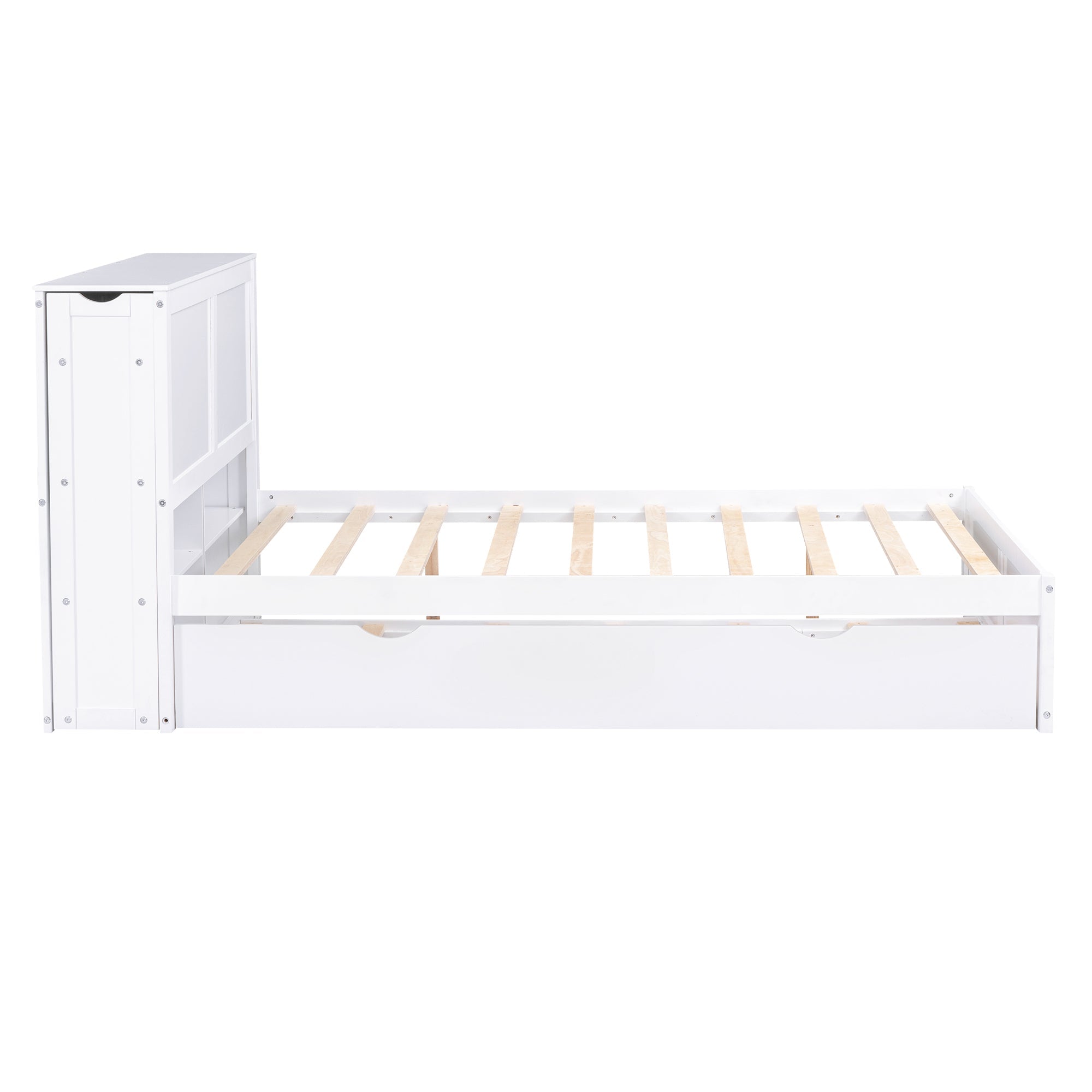 Full Size Storage Platform Bed with Pull Out Shelves and Twin Size Trundle, White