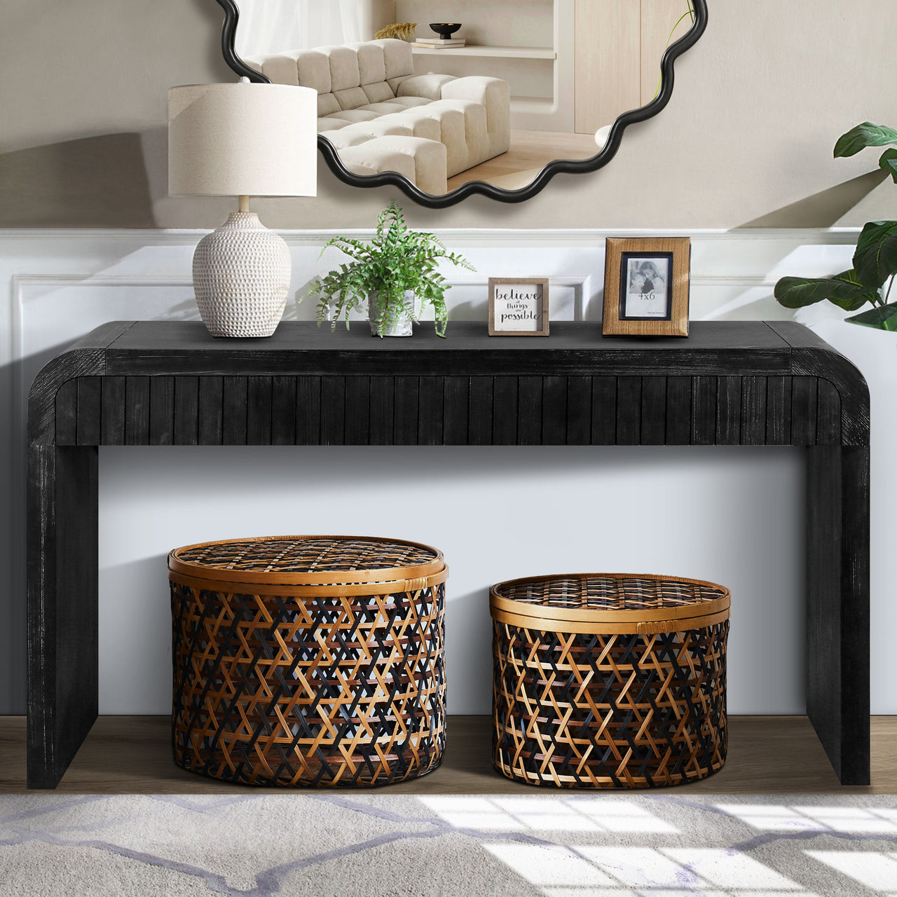 59'' Vintage Crafted Entryway Table,Two Hidden Handle Drawers,Farmhouse Console Table ,Easy Assembly, for Entrance & Dinning Room & Living Room & Hallway (Antique Black)