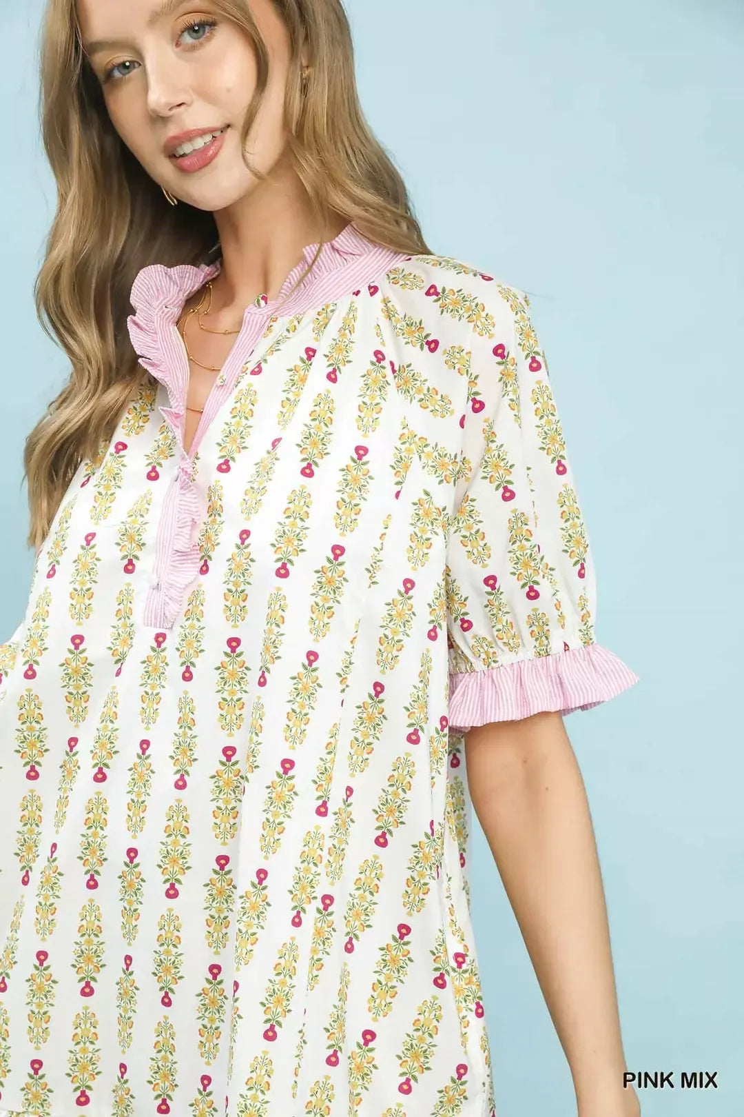 Umgee Striped Trim Floral Tiered Mini Dress