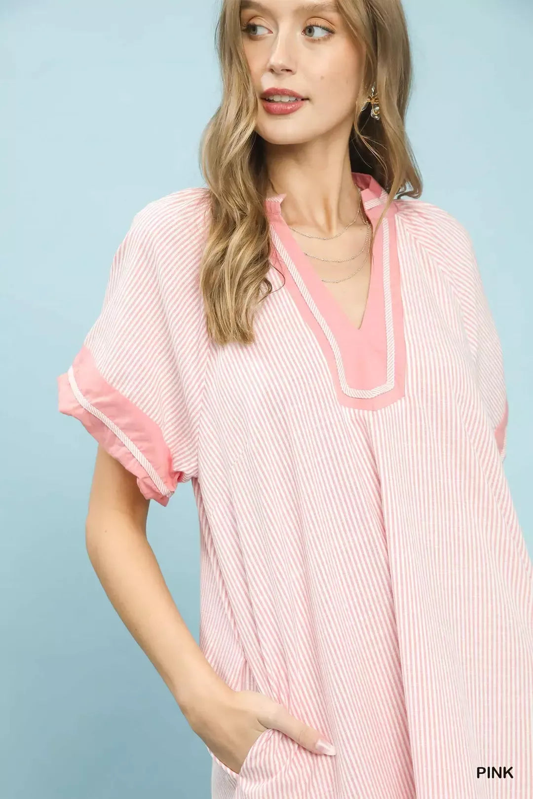 Umgee Pinstripe Contrast Trim Midi Dress