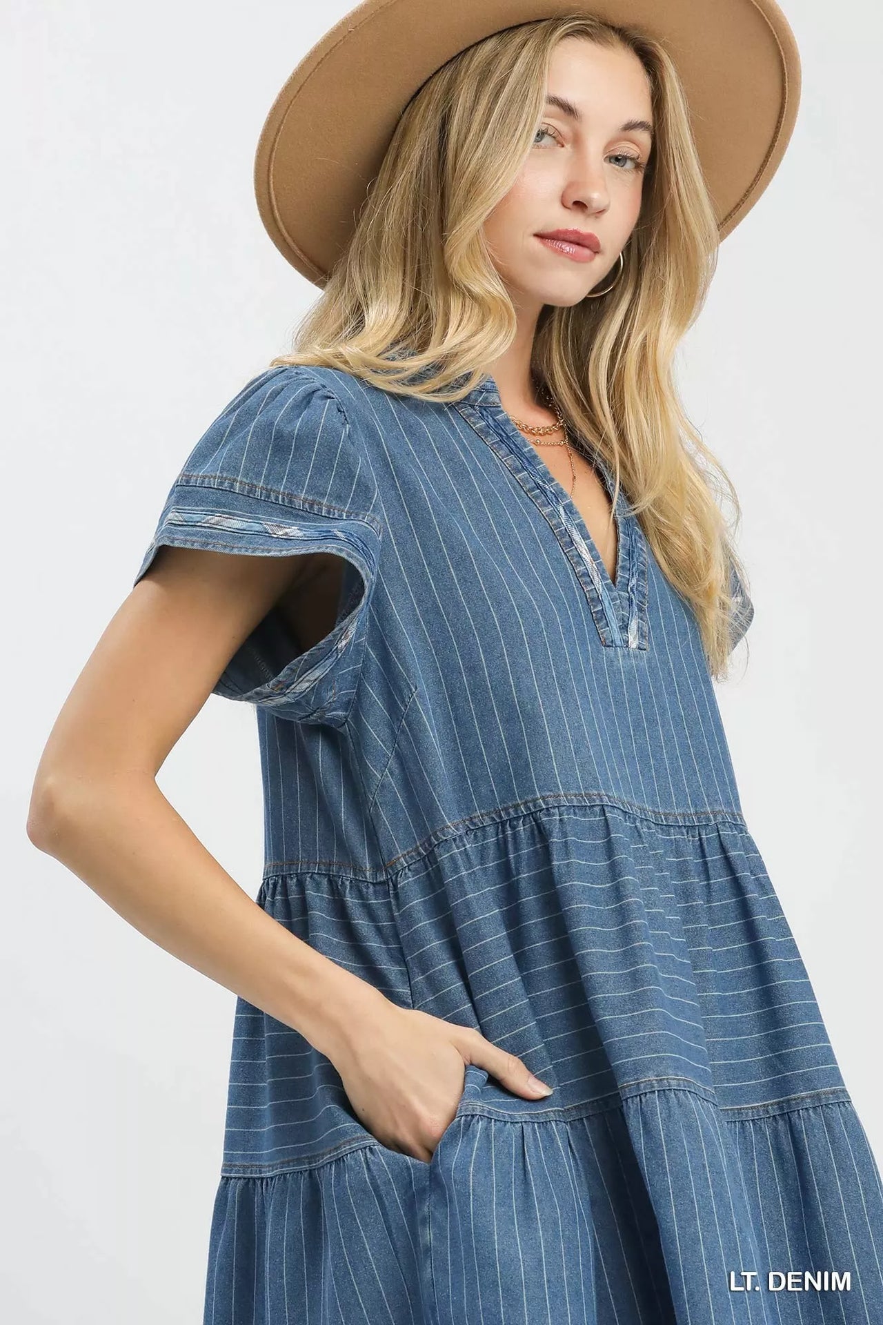 Umgee Chambray Tiered Babydoll Dress