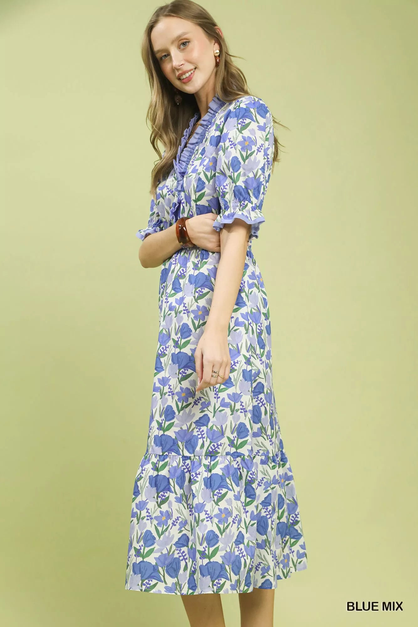 Umgee Floral Ruffle Trim Tiered Midi Dress