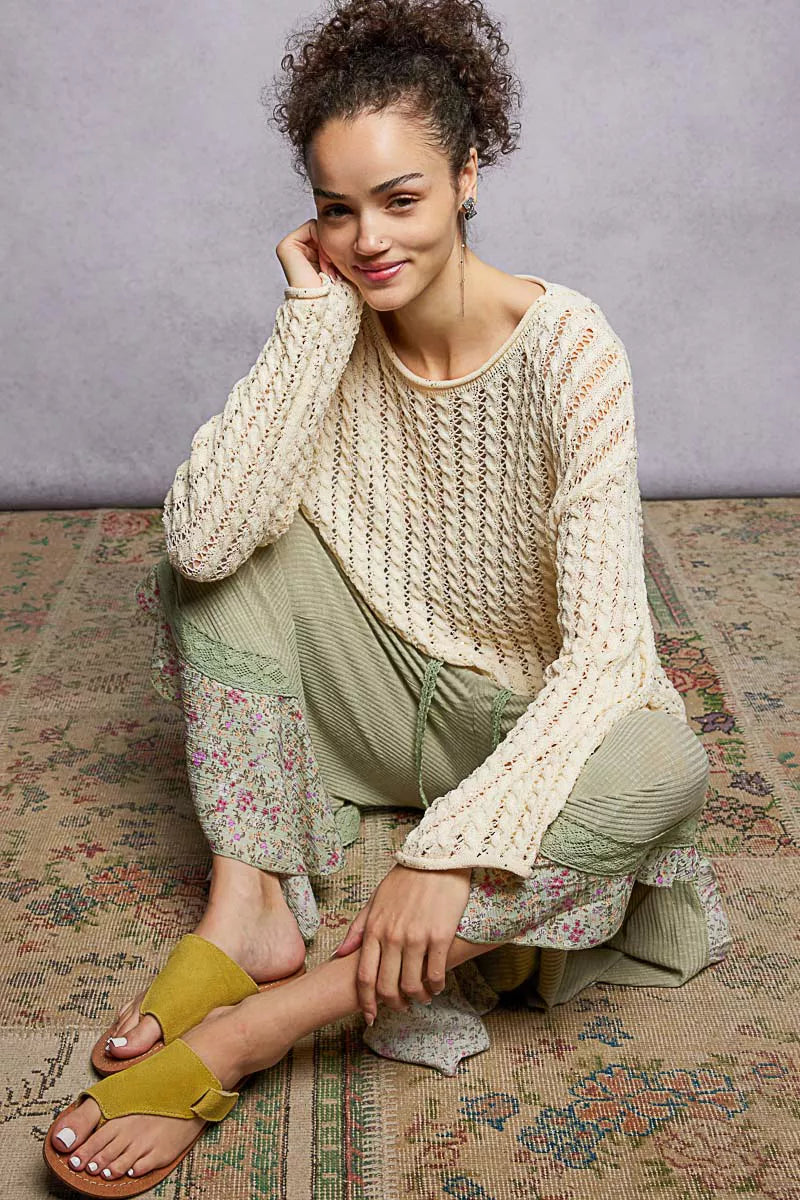 POL Openwork Round Neck Knit Top with Shiny Detail