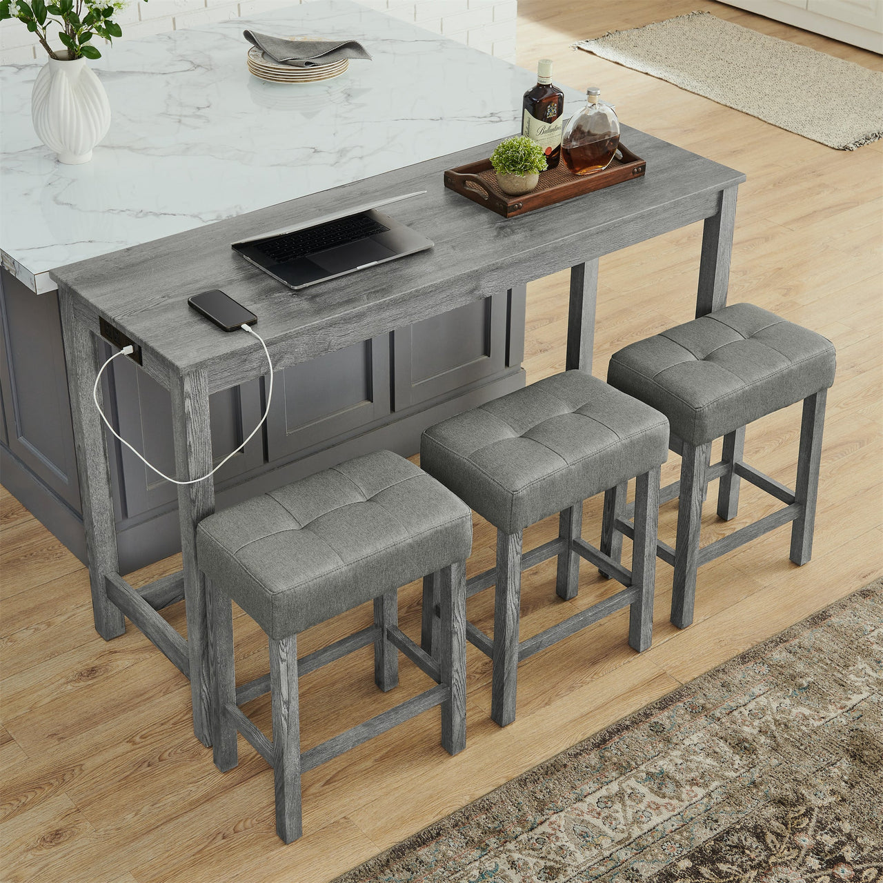 59 Inch Bar Table, Dining Table, Sofa Table with Power Outlet, 3 Upholstered Stools, 4 Piece Bar Table and Chair Set for Living Room, Dining Room, Kitchen