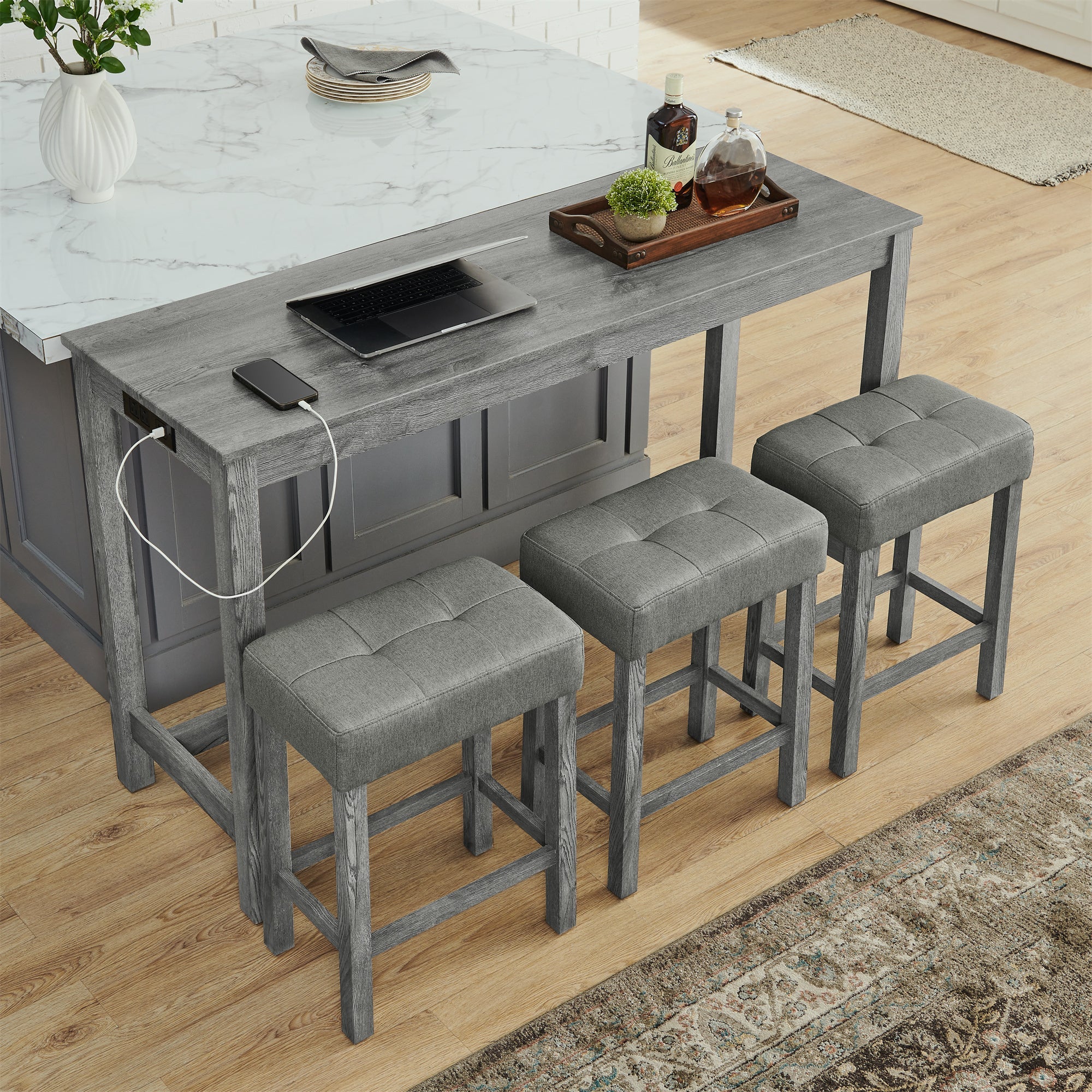 59 Inch Bar Table, Dining Table, Sofa Table with Power Outlet, 3 Upholstered Stools, 4 Piece Bar Table and Chair Set for Living Room, Dining Room, Kitchen