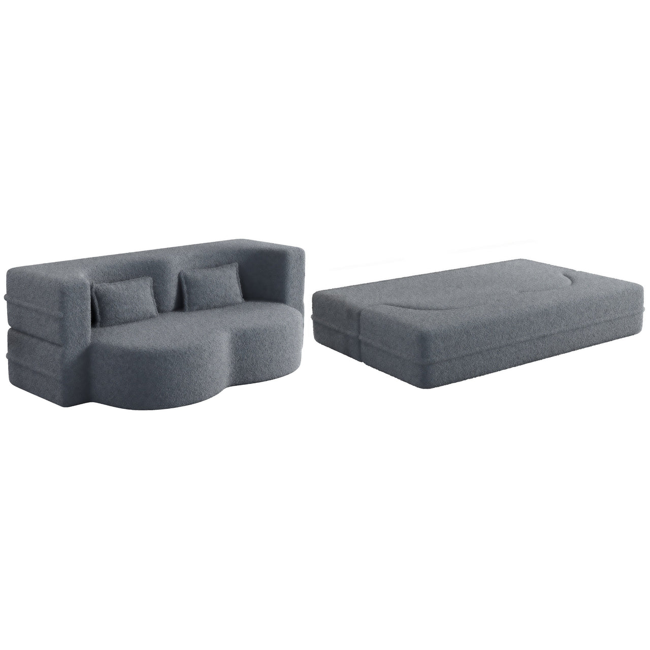 Modern Floor Sofa, with 2 Pillows, Convertible Teddy Fabric Foam Filled Bed, 15 inch Full Size Folding Mattress, Suitable for Living Room, Guest room, Game Room, Grey