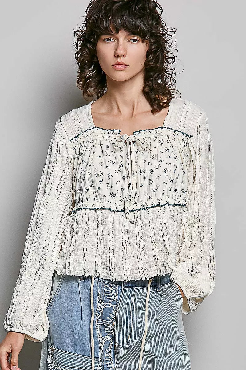POL Square Neck Lace Long Balloon Sleeve Top
