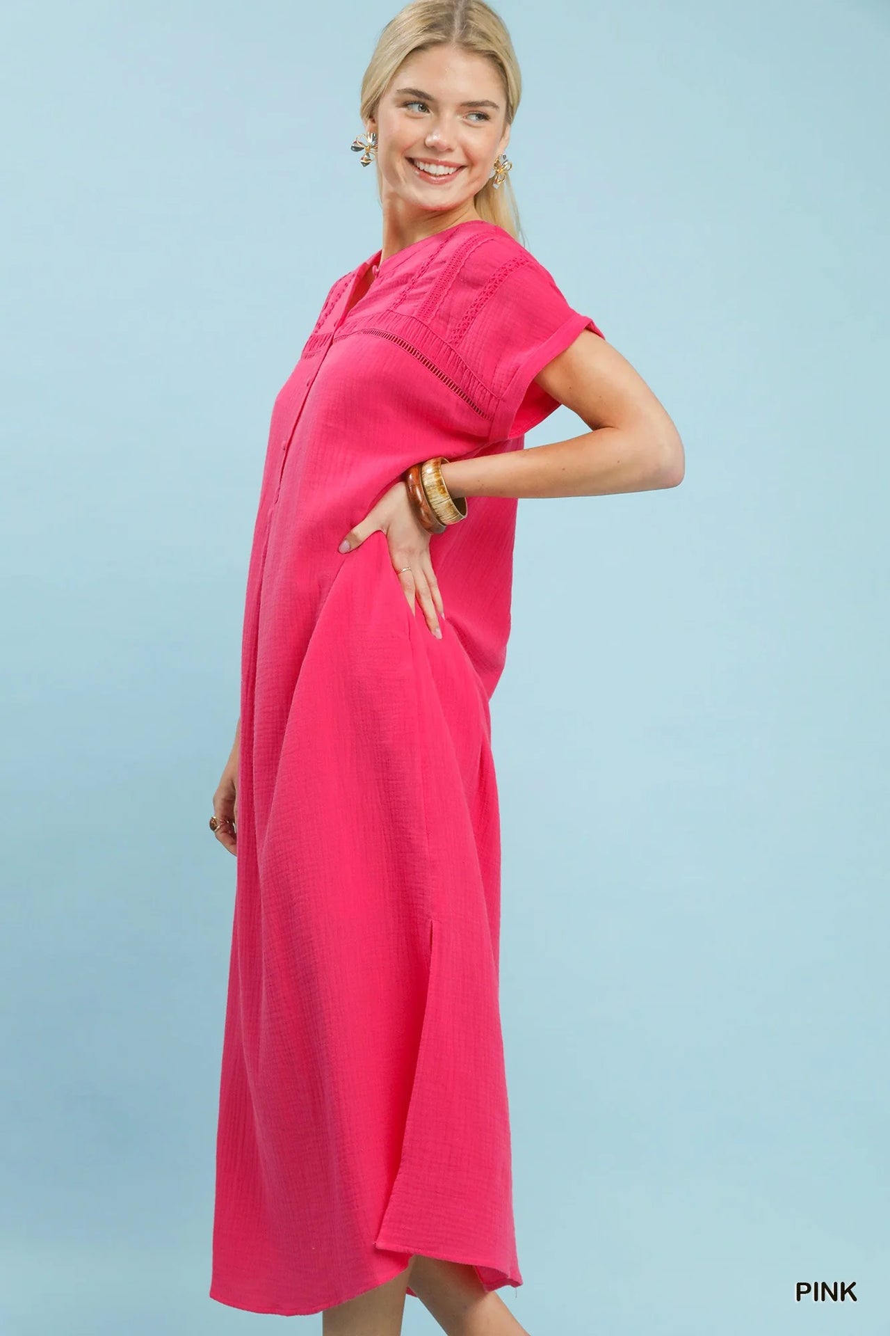 Umgee Button-Front Gauze Midi Dress with Lace Detail