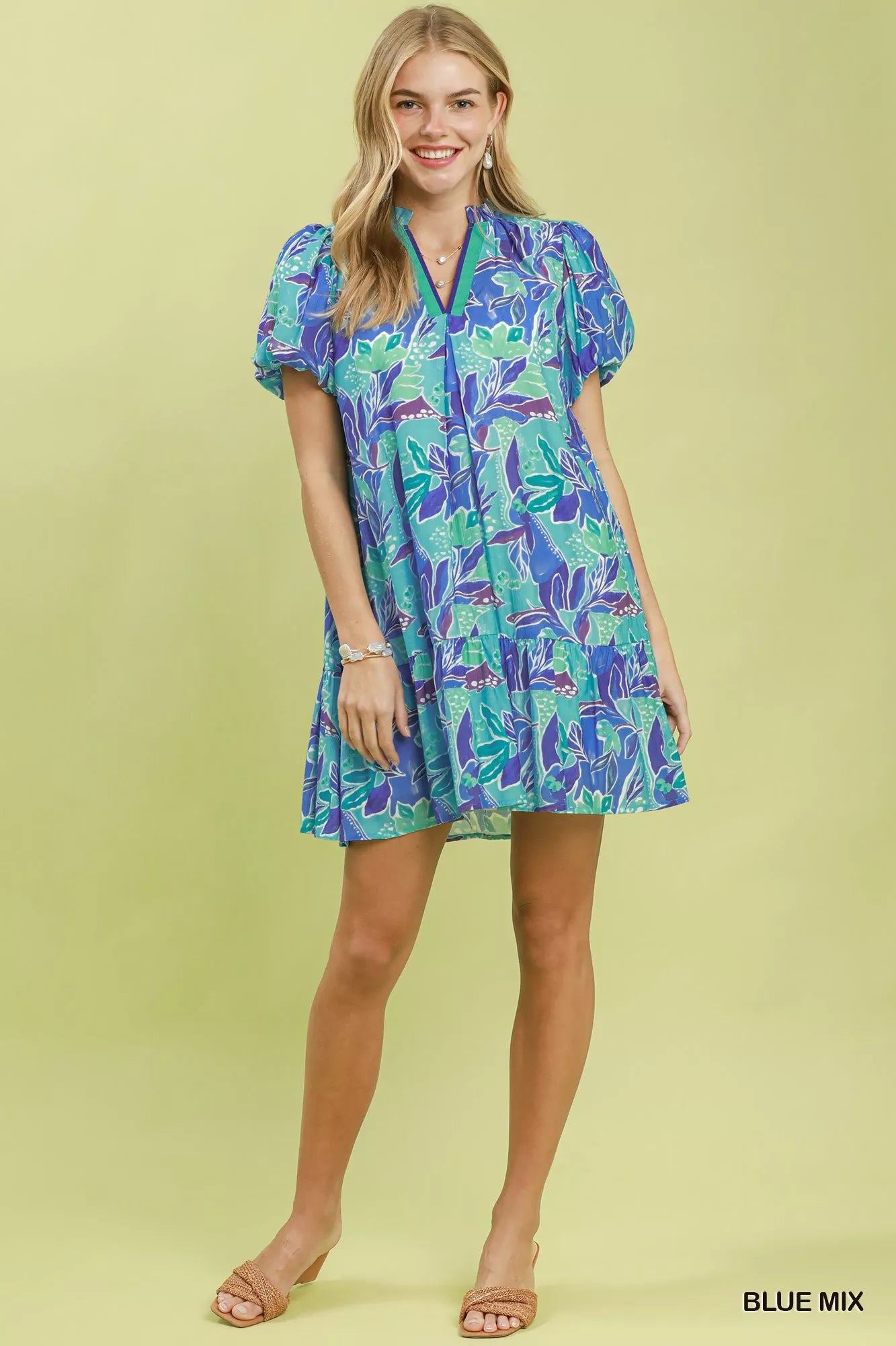 Umgee Tropical Floral Puff Sleeve Tiered Mini Dress