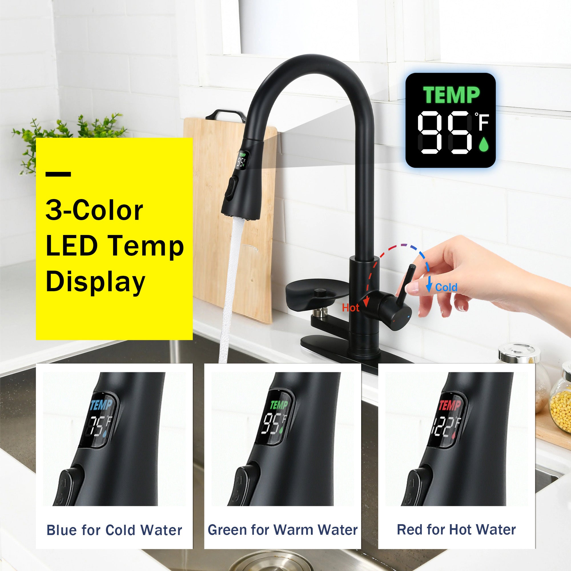 3-in-1 Matte Black Kitchen Faucet with LED Temperature Display, Press-Type Glass Rinser, Pull-Down Sprayer, 3 Spray Modes