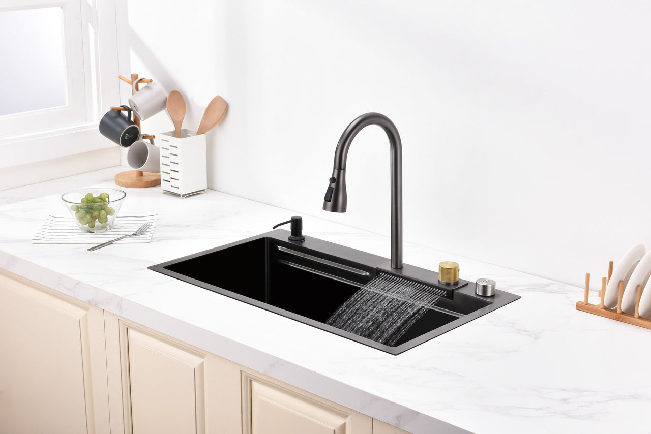 Waterfall Kitchen Sink, Stainless Steel Single Bowl in Black, Multifunctional Workstation with Flying-rain Faucet and Cutting Board, 30×18″ Stainless Steel Single Bowl Sink, LS-SSBL05