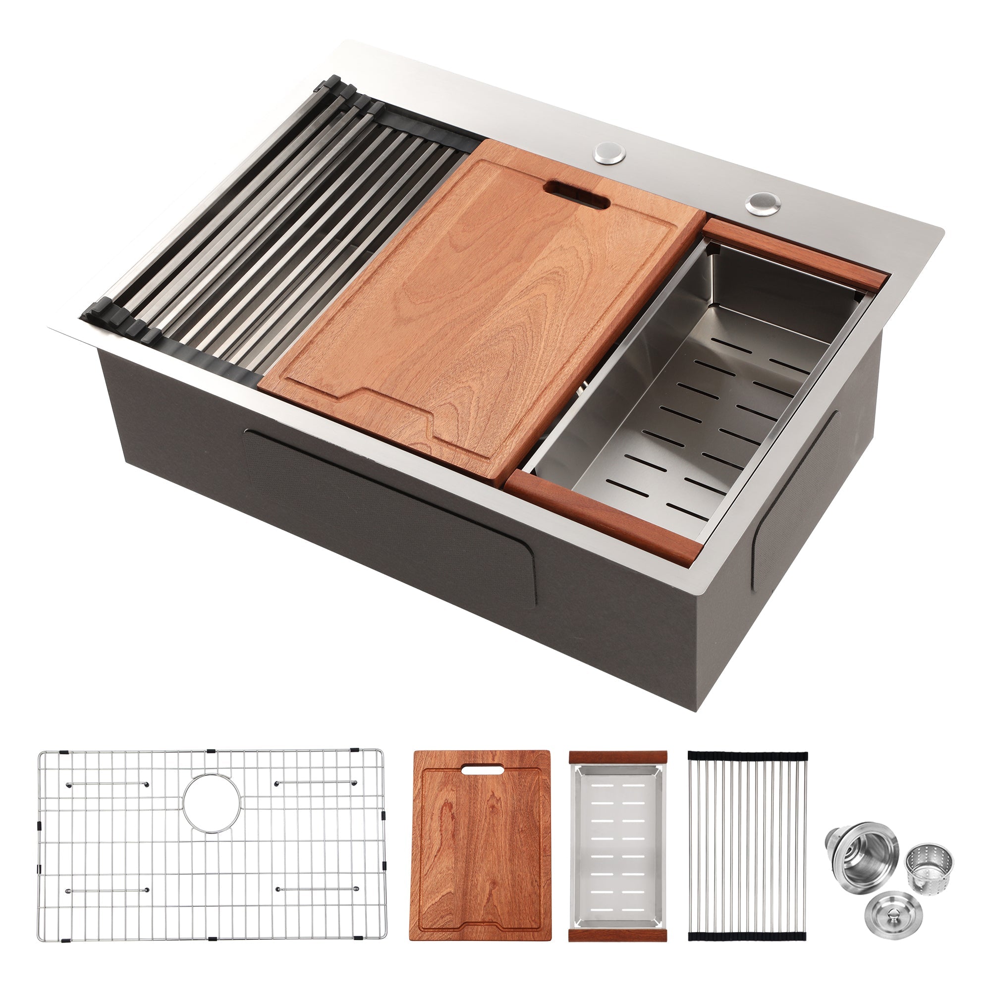 Brushed Nickel Stainless Steel Drop-in Kitchen Sink with Ledge Workstation, 33x22 Inch, 16 Gauge