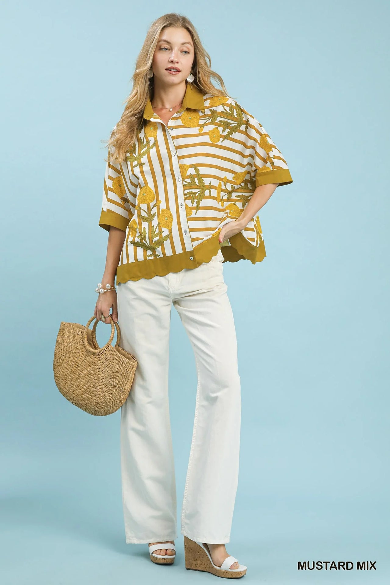 Umgee Mix Floral Stripe Button Down Top