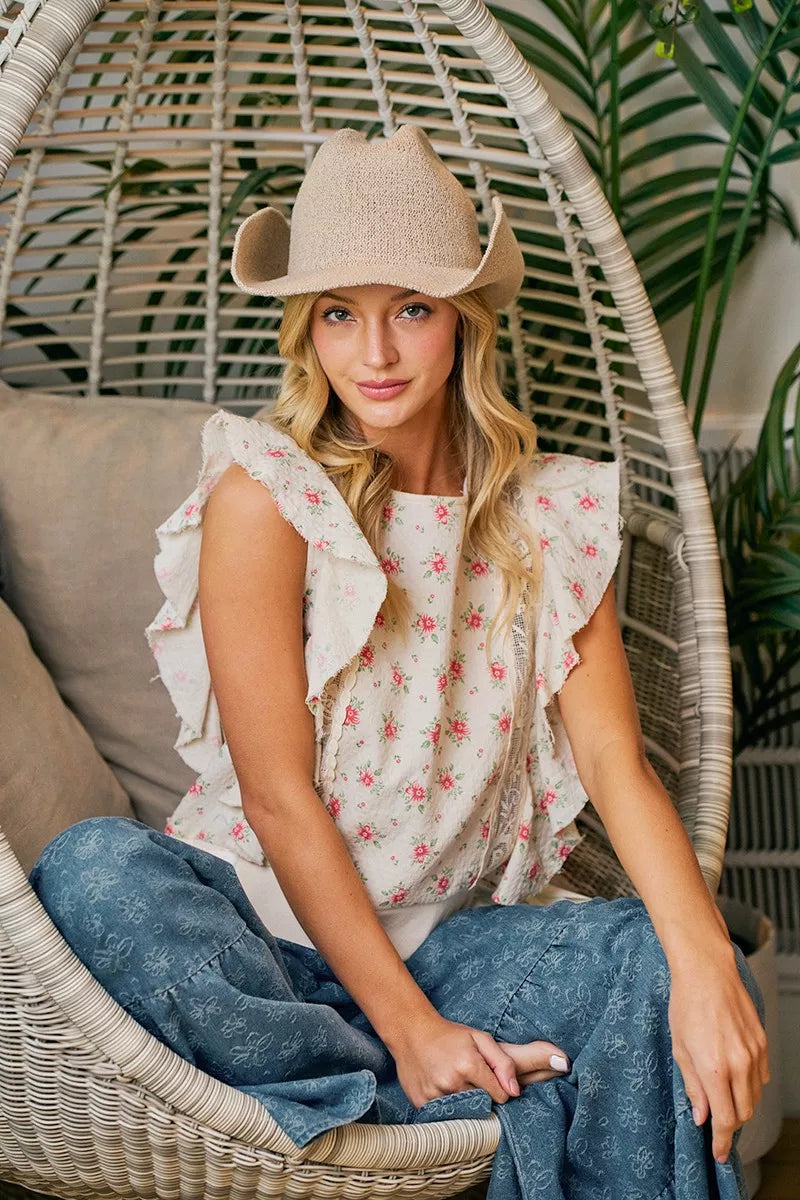 BiBi Flower Printed Ruffle Sleeve Trim Detail Top