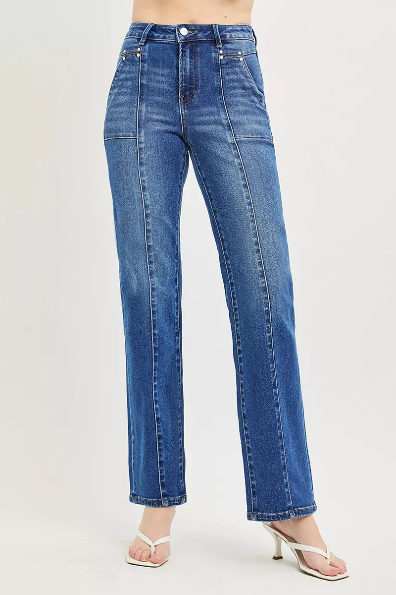 RISEN High Rise Straight Patch Pocket Seamed Jeans