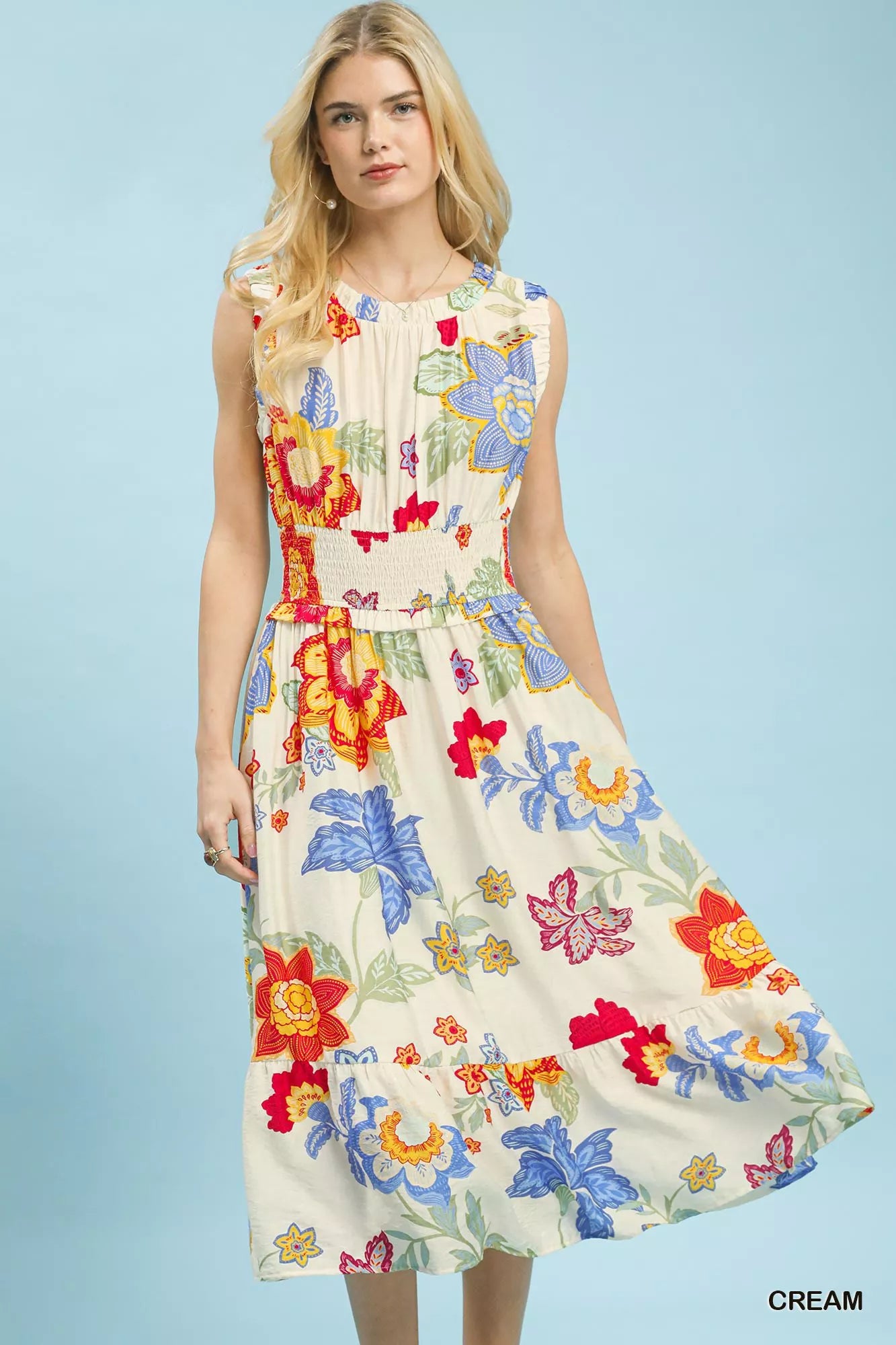 Umgee Floral Smocked Midi Dress