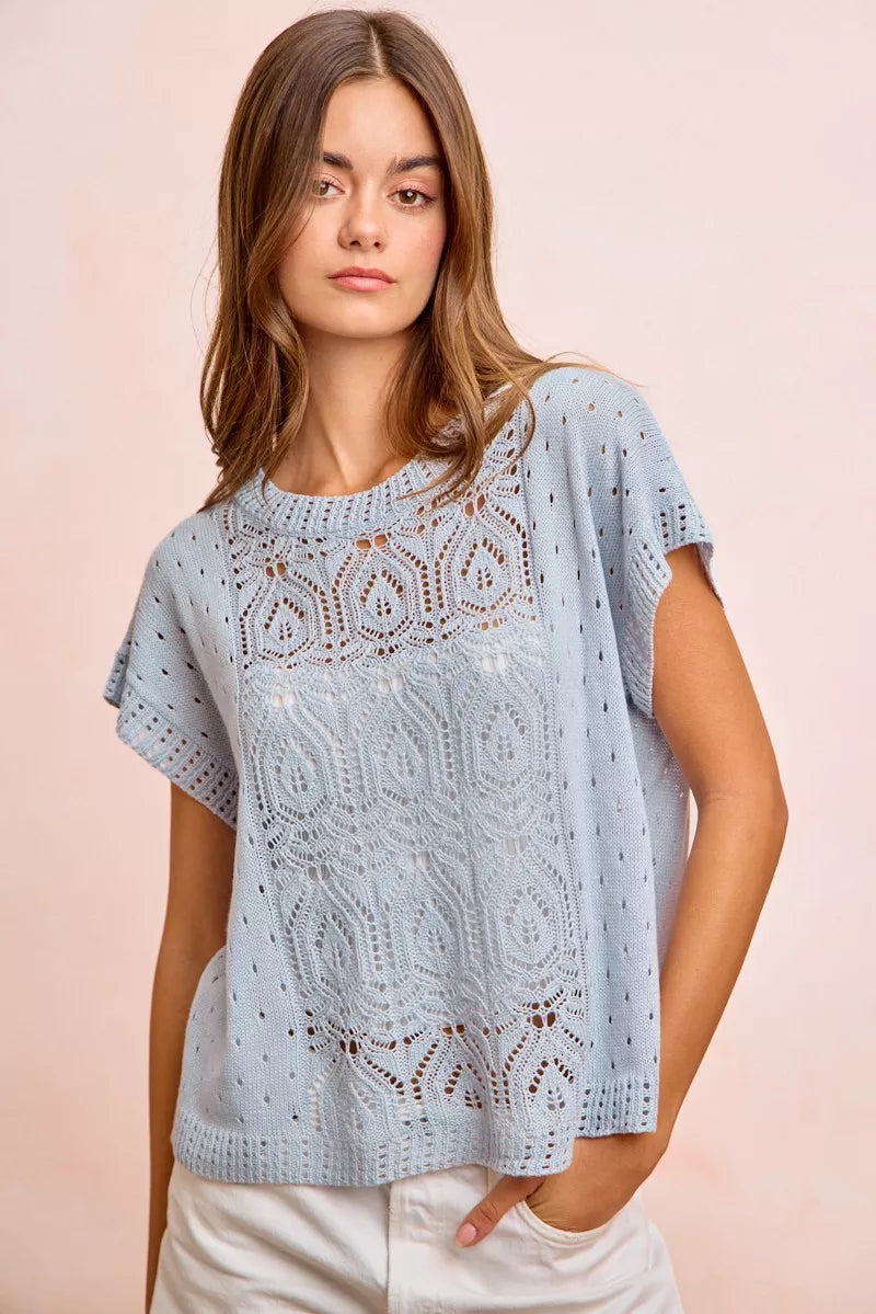 BiBi Washed Eyelet Short Sleeve Breathable Knit Top